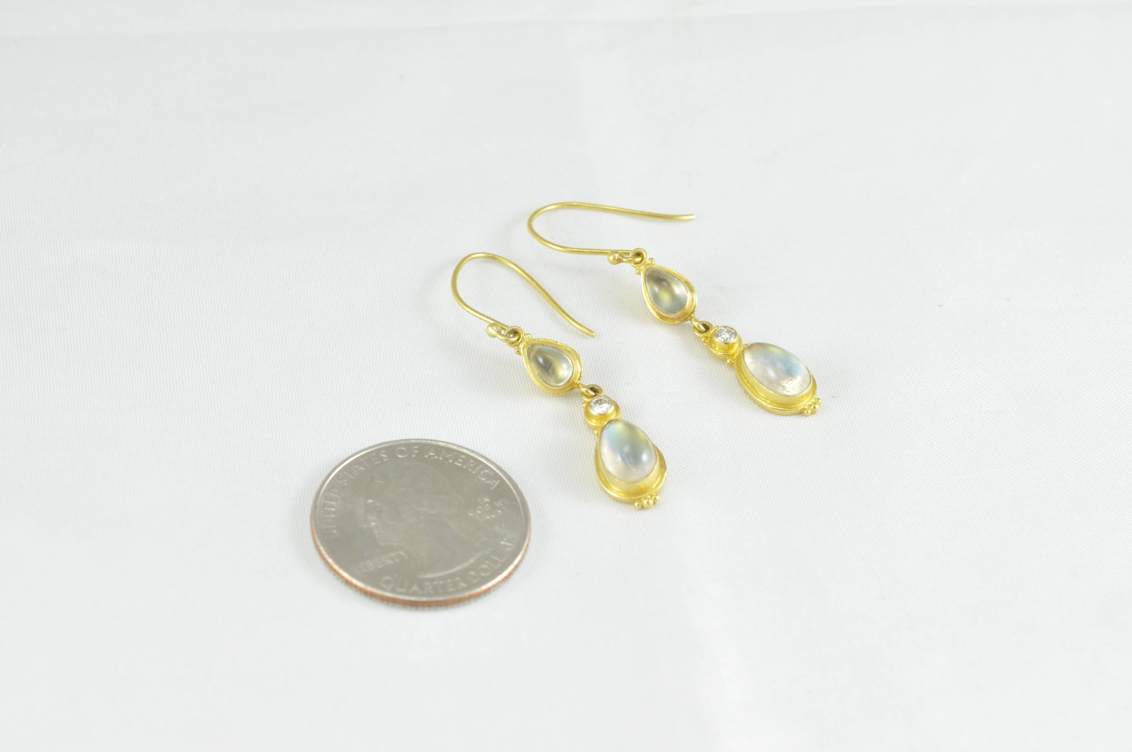 Kimarie, 18K Granulated Gold, Moonstone and Diamond Earrings.  Sweet treats for your ears, these beautiful earrings are made by hand by artists who have passed their craft down from generation to generation  in Bali Indonesia. 

