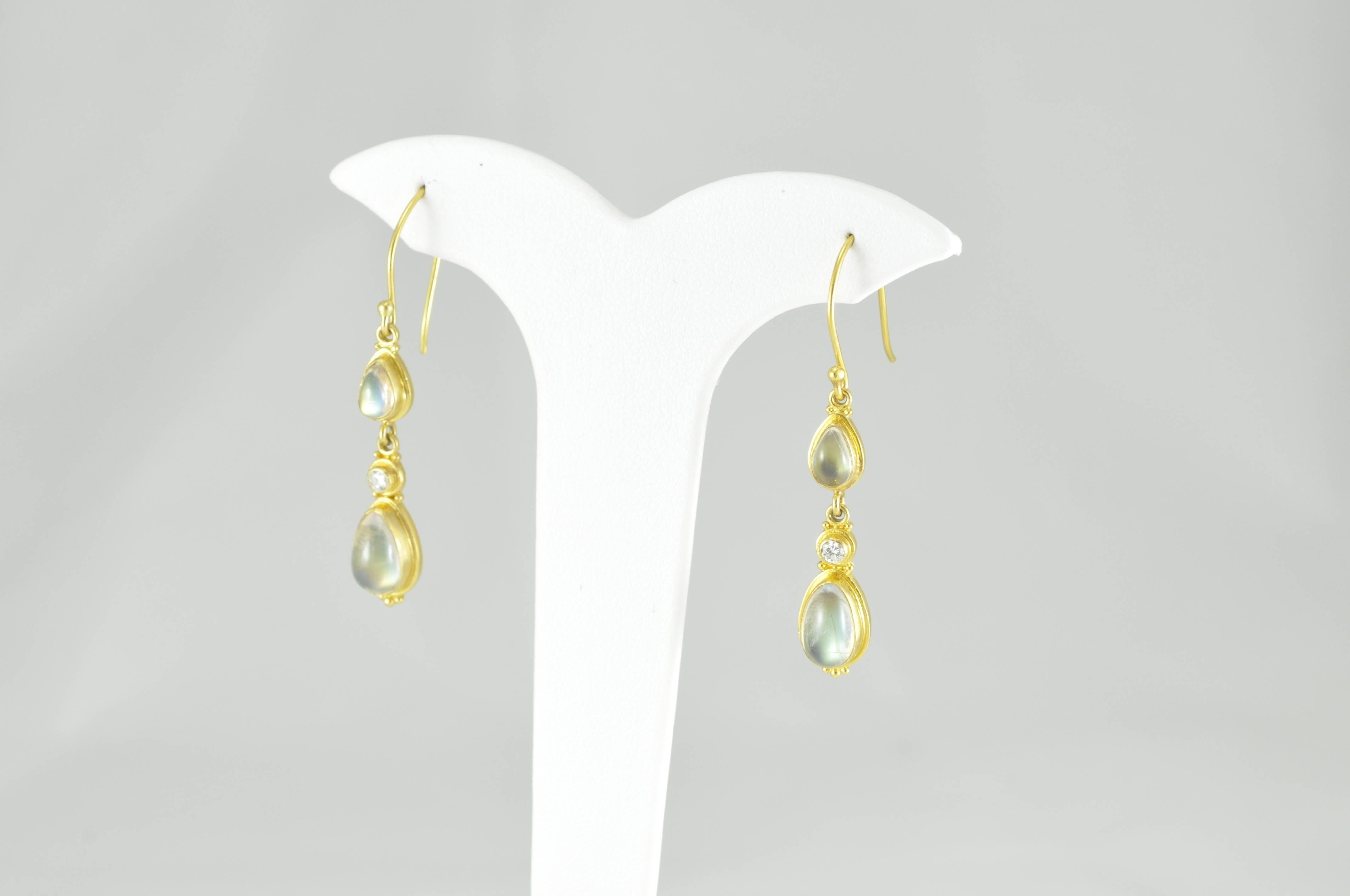Kimarie Granulated Gold, Moonstone and Diamond Earrings In New Condition In Dallas, TX
