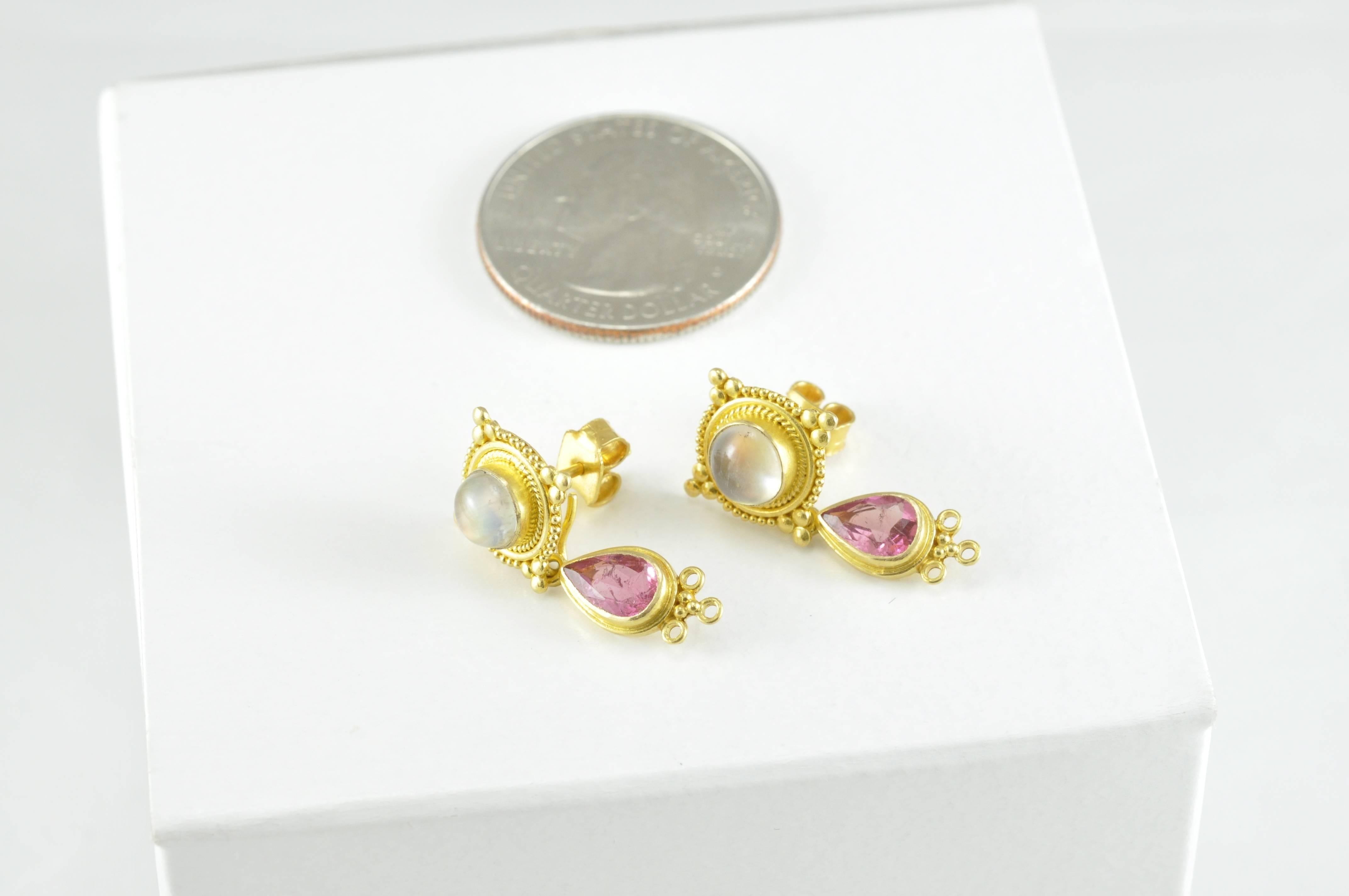 Granulated Gold and Moonstone and Pink Teardrop Earrings.  These are very sweet treats for the ear.  
Artists in Bali Indonesia have handed down their craft from generation to generation.   
These earrings come from the acclaimed designer, Kimarie.