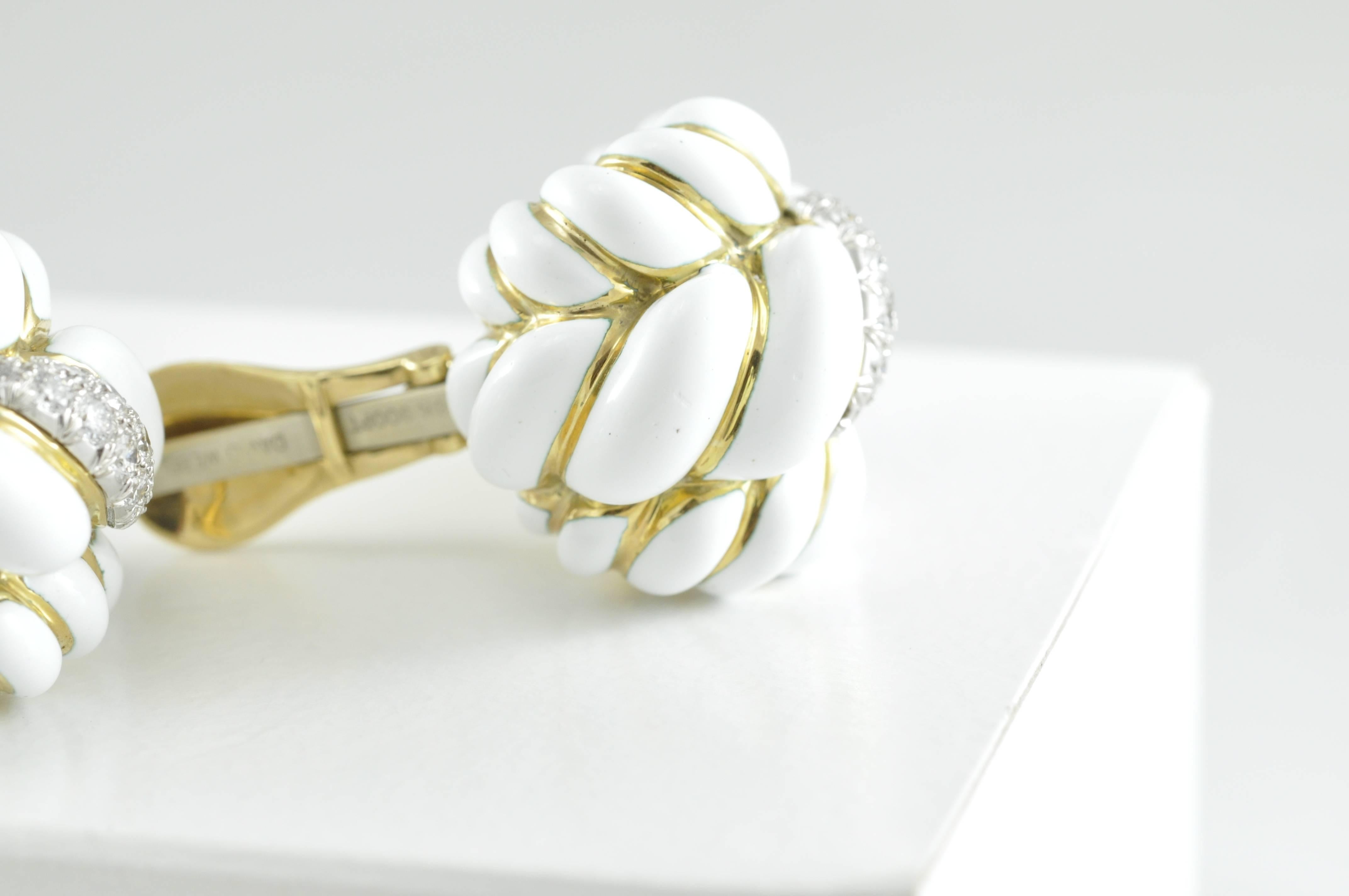 Contemporary David Webb Diamond White Enamel Gold Earrings