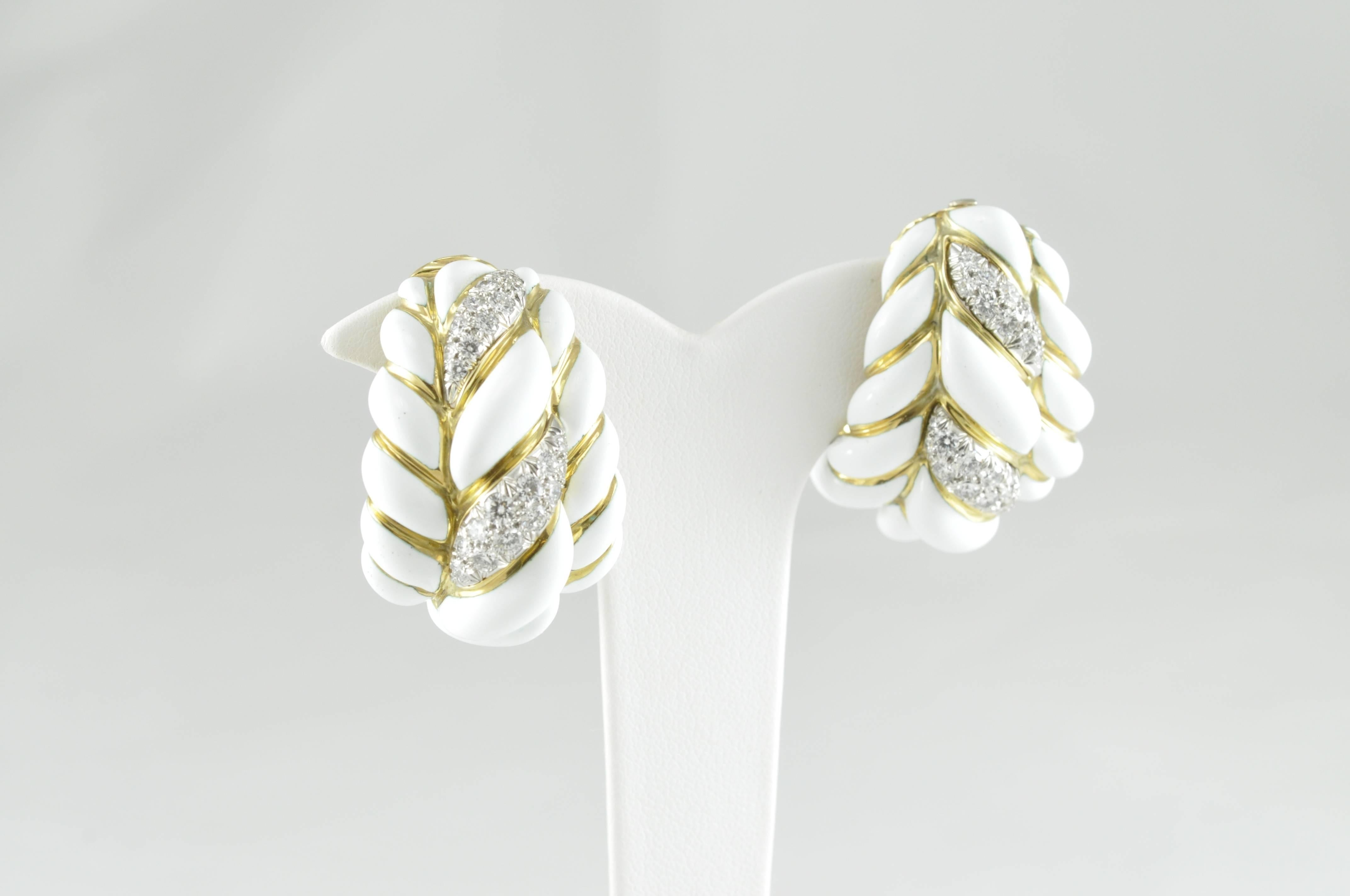 Women's David Webb Diamond White Enamel Gold Earrings