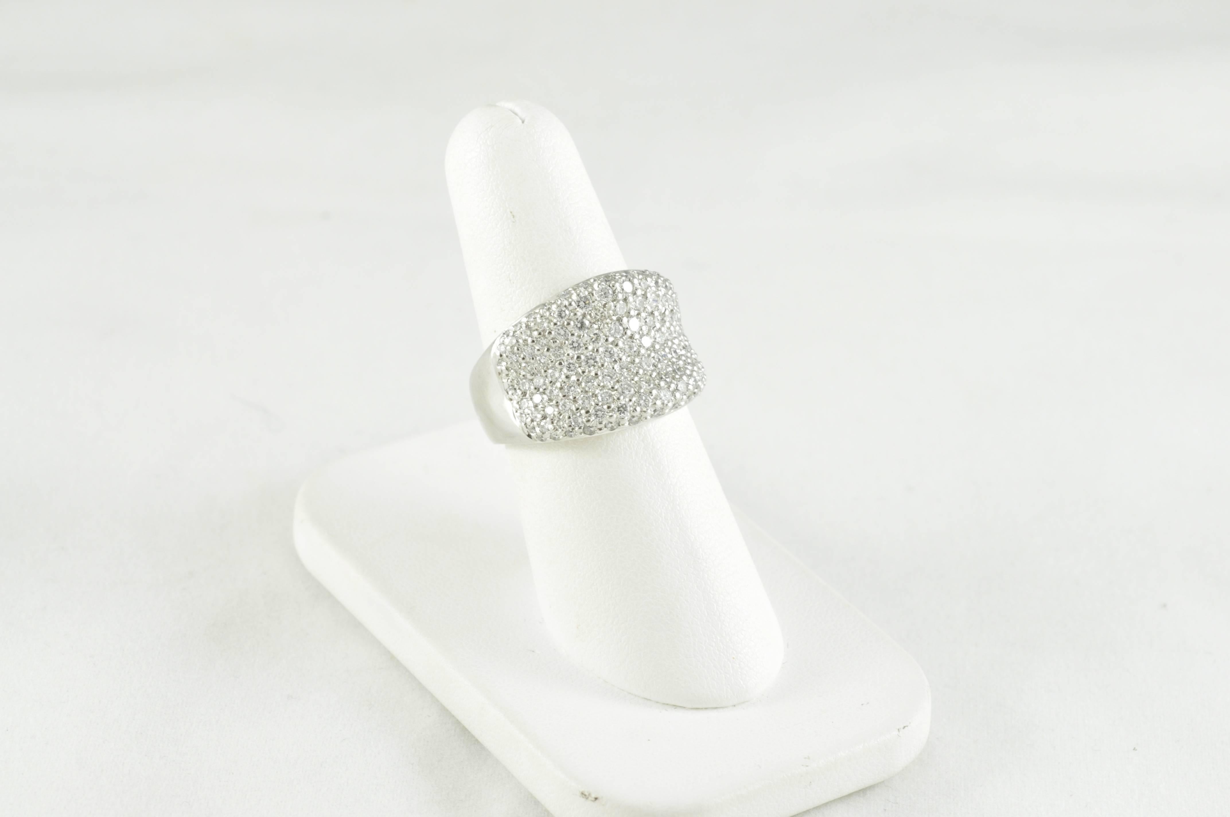 Platinum Ring Made by Award Winning Designer, Jye's.  This ring is size 7.25 and can be sized.  1.74 CTW Diamonds. Stamped PLAT JYE'S.
Slightly concave face, tapered shank fits very snugly to the finger. Beautiful pave work, excellent craftsmanship. 