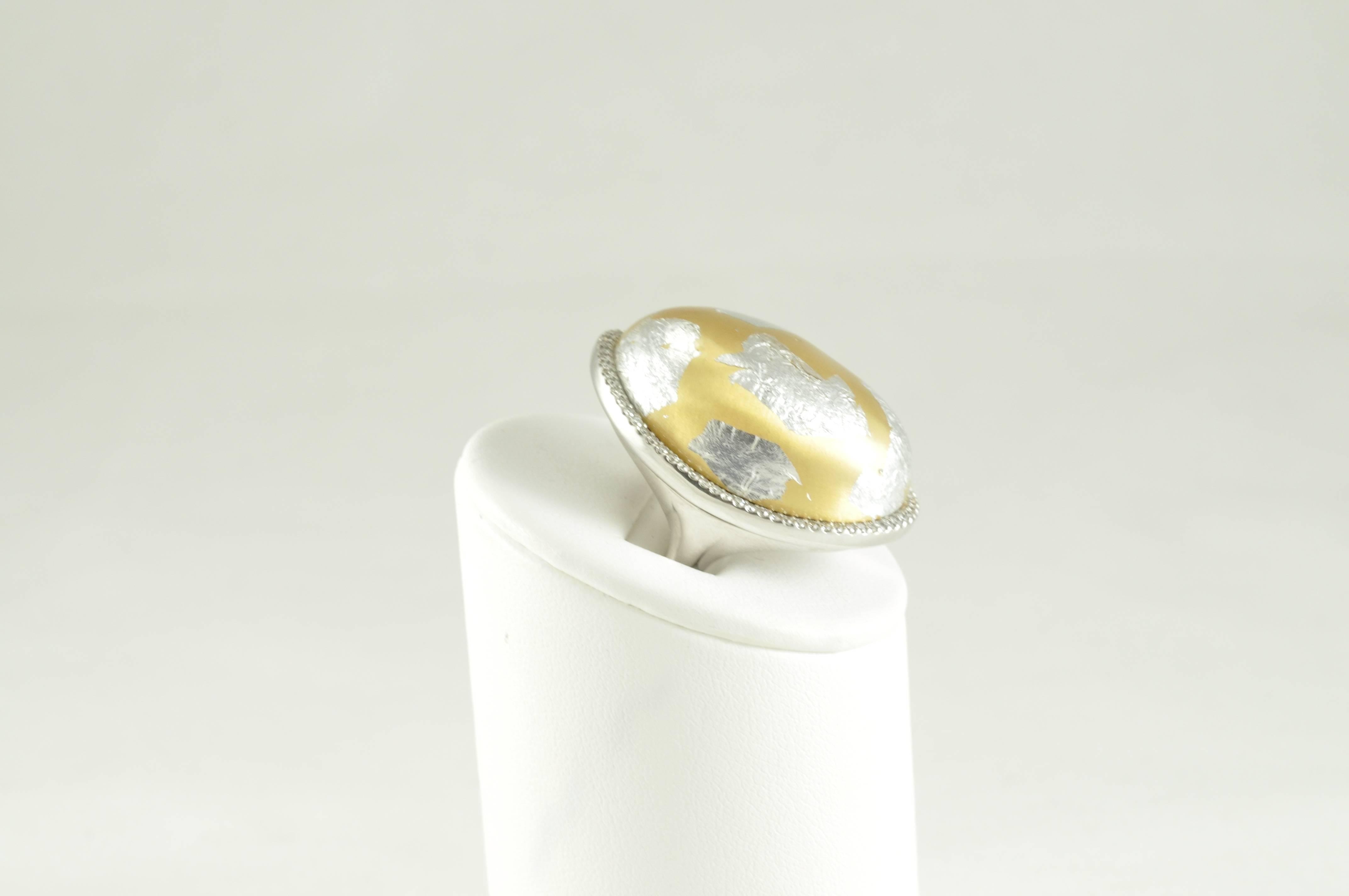 Modern Italian Designed Domed Sterling Silver Gold Enamel Ring with Silver Foliage