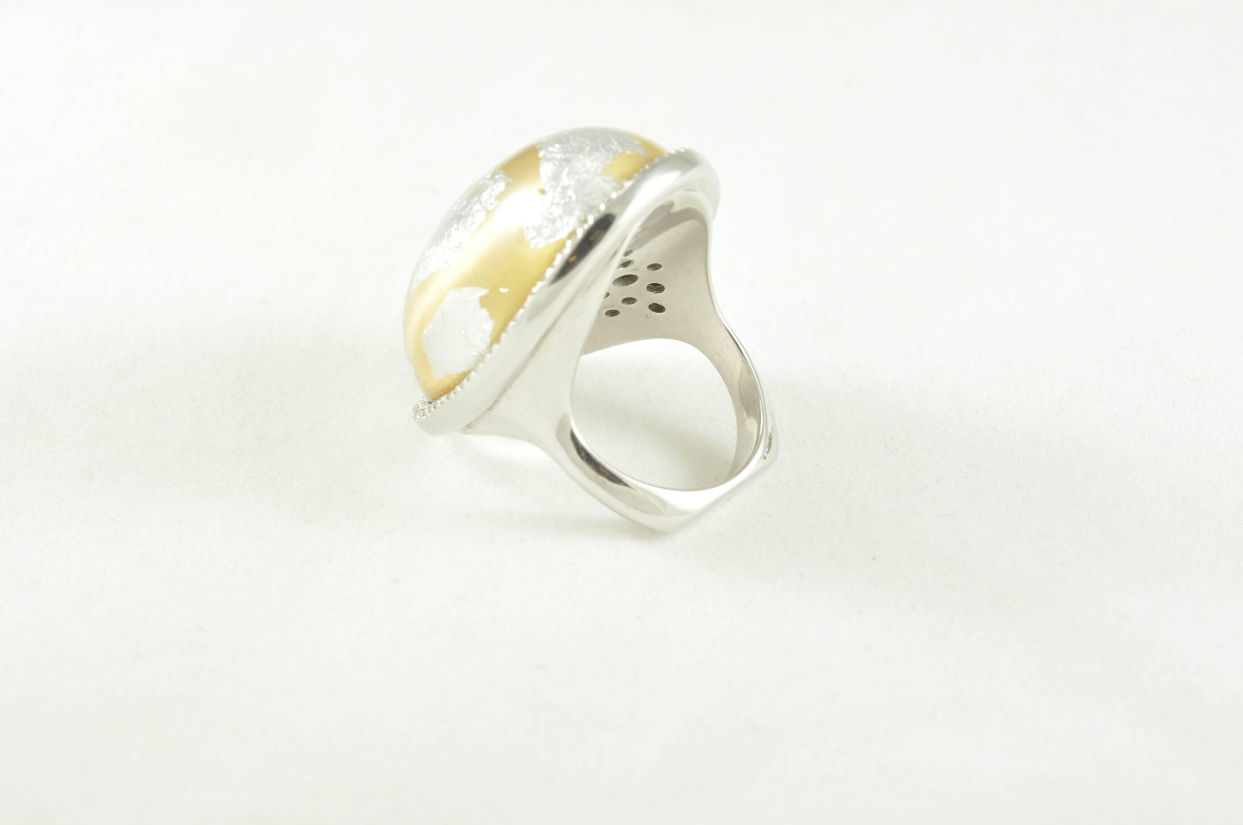 Women's Italian Designed Domed Sterling Silver Gold Enamel Ring with Silver Foliage