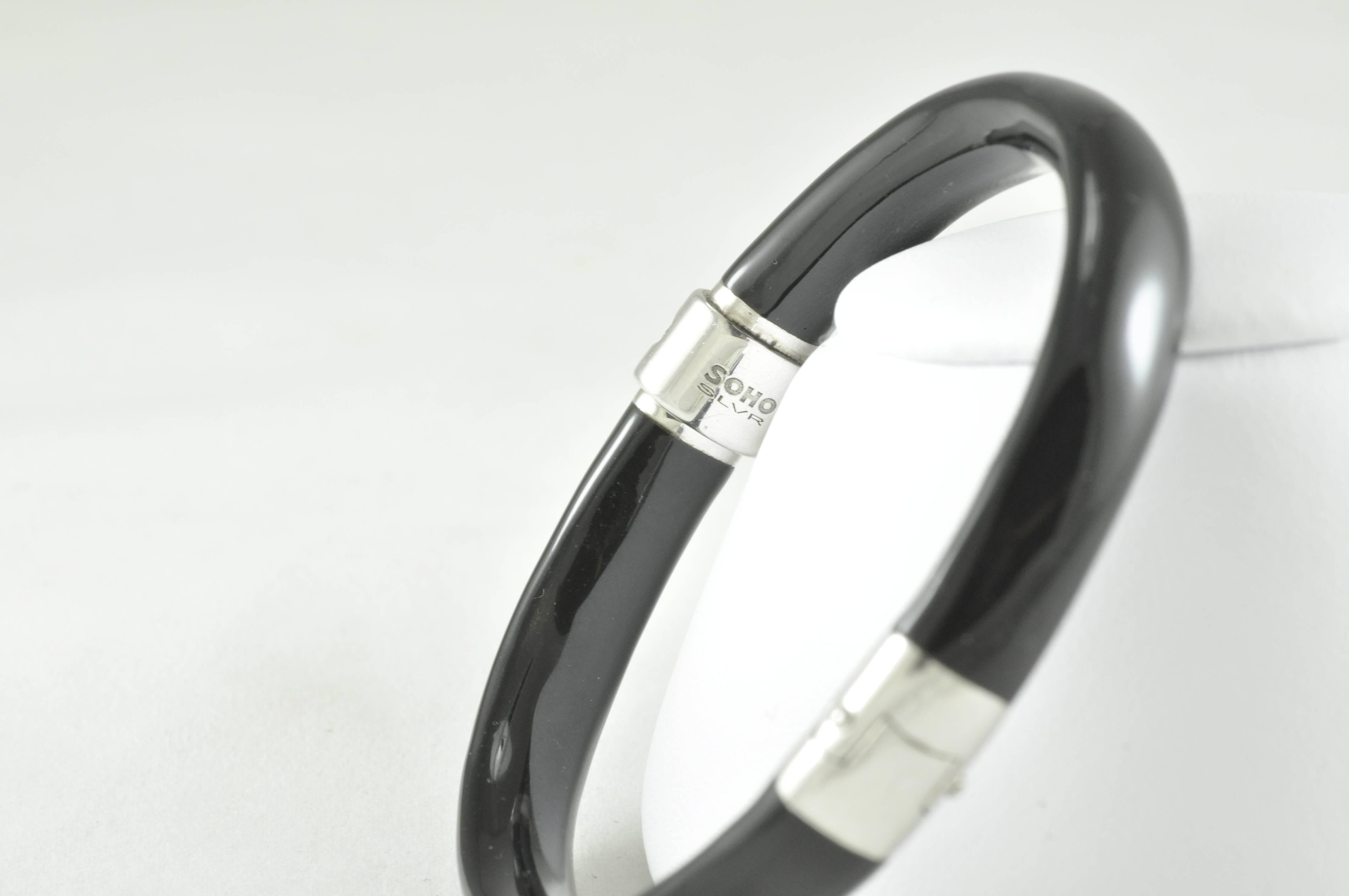 Modern Sterling Silver and Black Enamel Clamp Bracelet