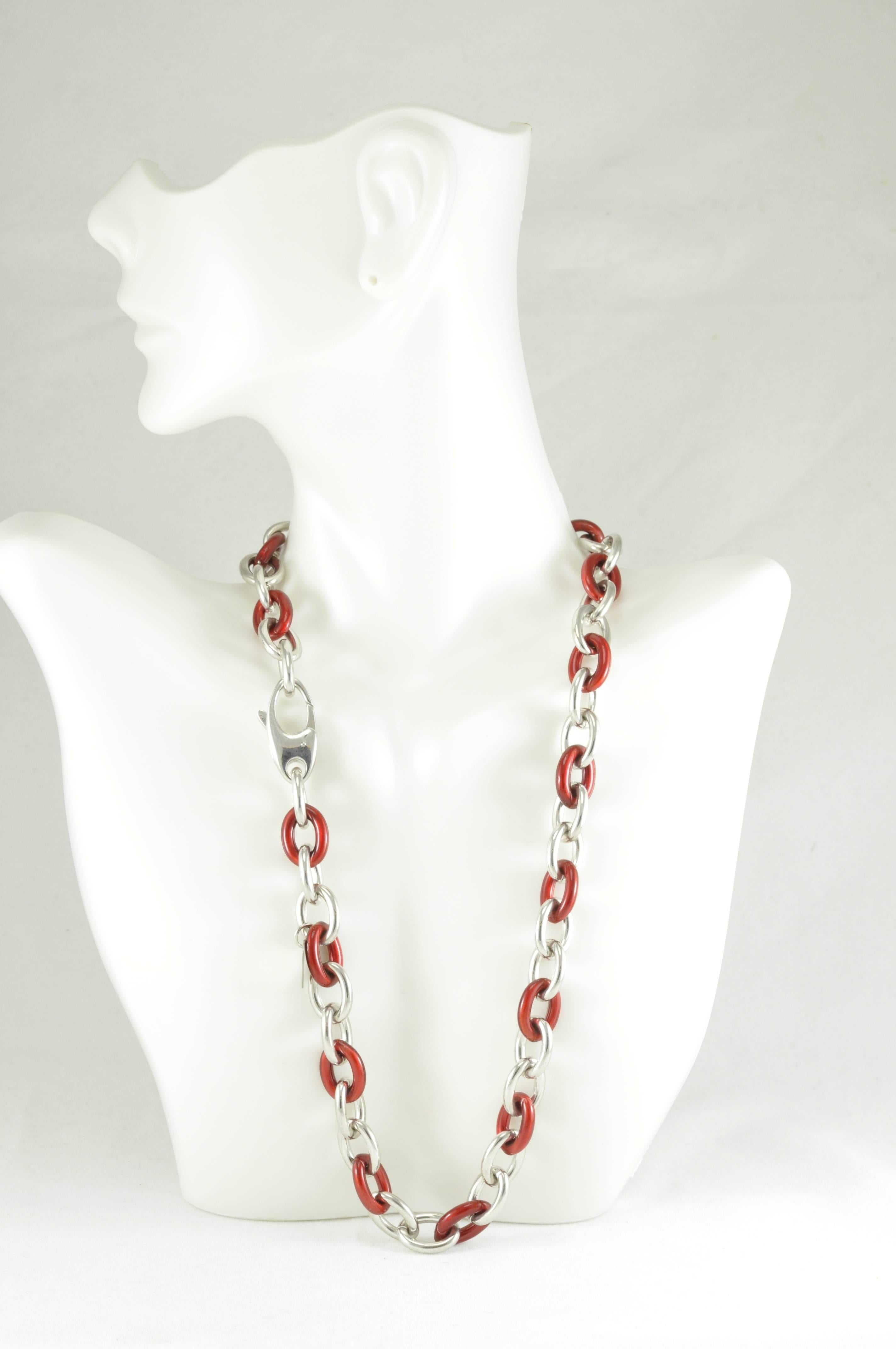 Beautiful 16 inch Red Enamel and Sterling Silver Link Necklace from Soho. The necklace is stamped SOHO SLVR Ag925 Italy.
Giant lobster-claw closure adds to the ease of wear. 
Made in Italy-Fine Italian Design
