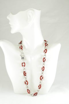 Italian Sterling Silver and Red Enamel Soho Link Necklace
