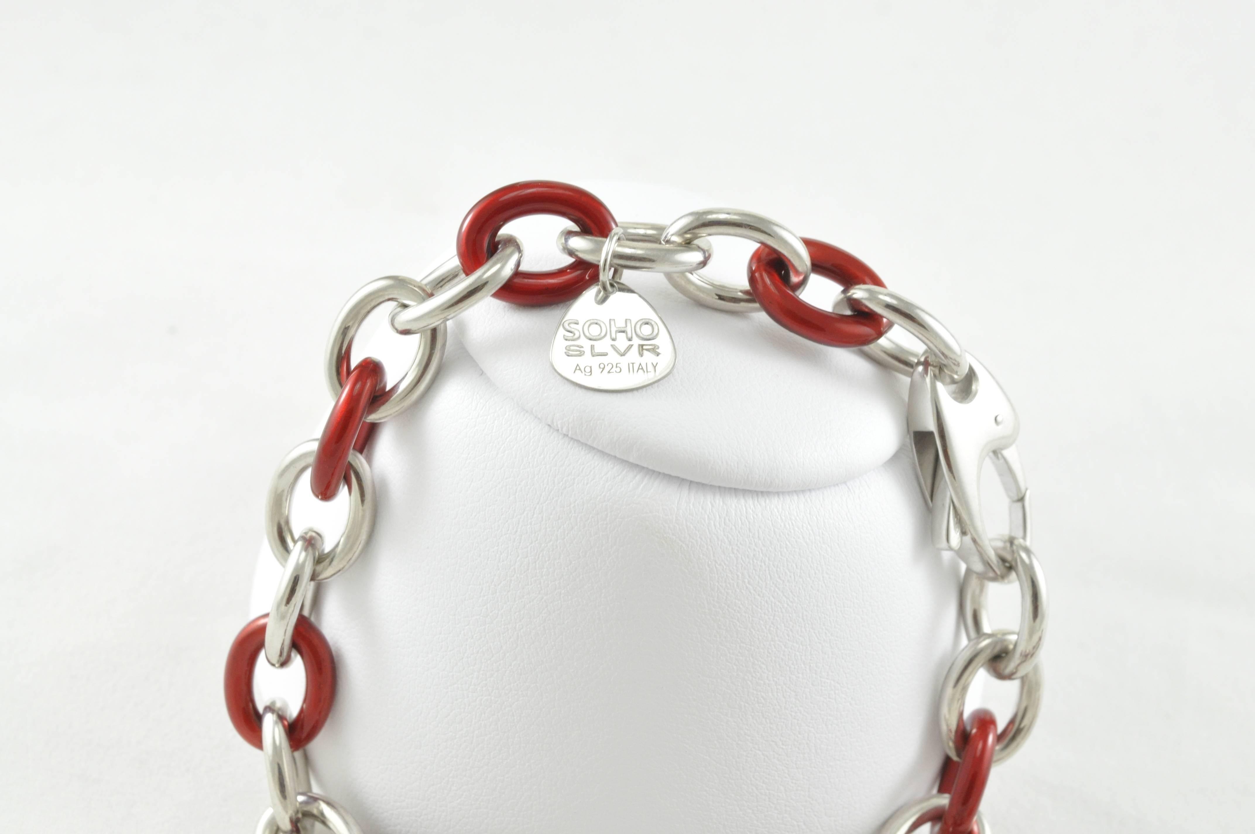 Modern Italian Sterling Silver and Red Enamel Soho Link Necklace