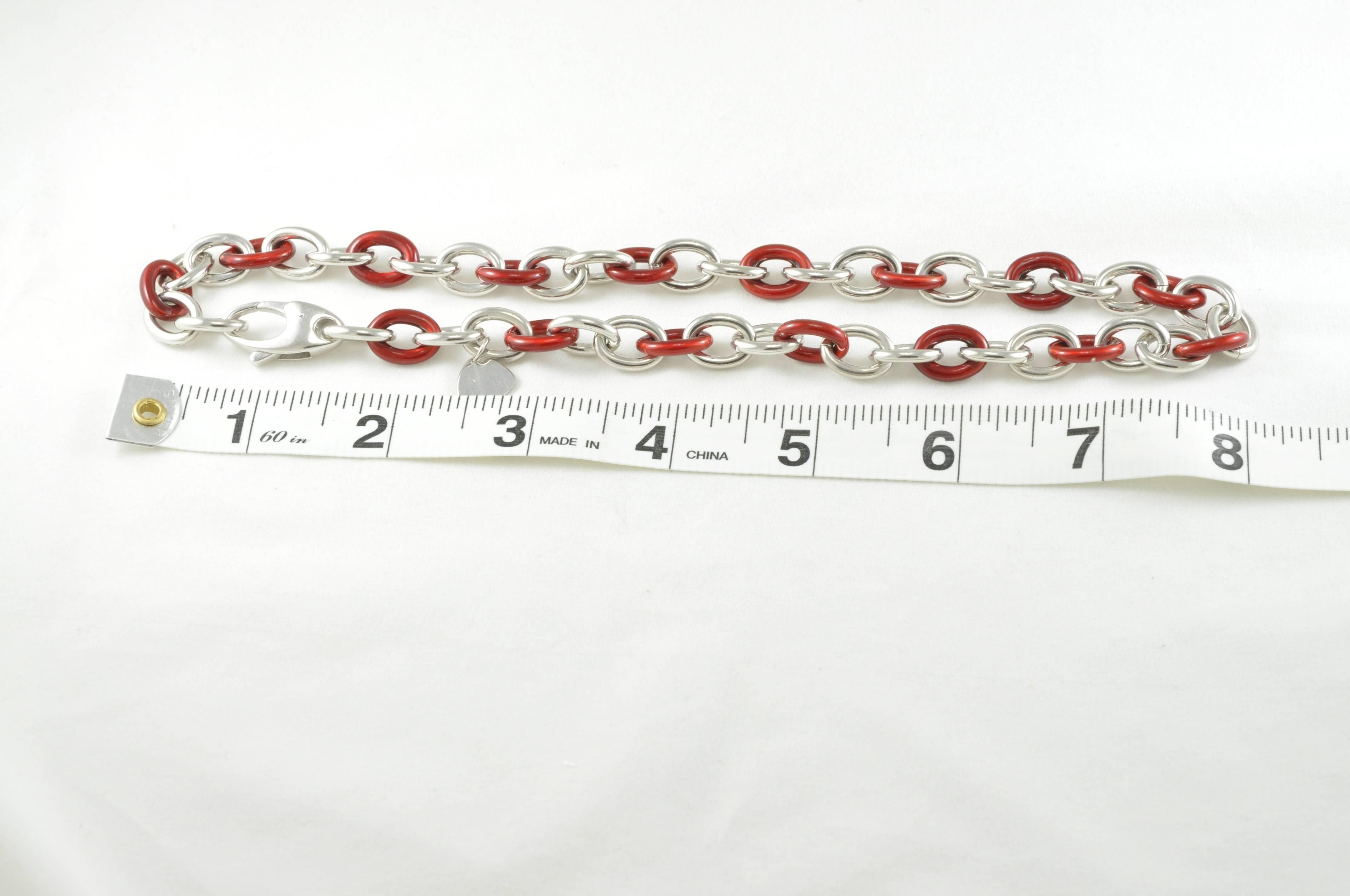 Italian Sterling Silver and Red Enamel Soho Link Necklace In Excellent Condition In Dallas, TX