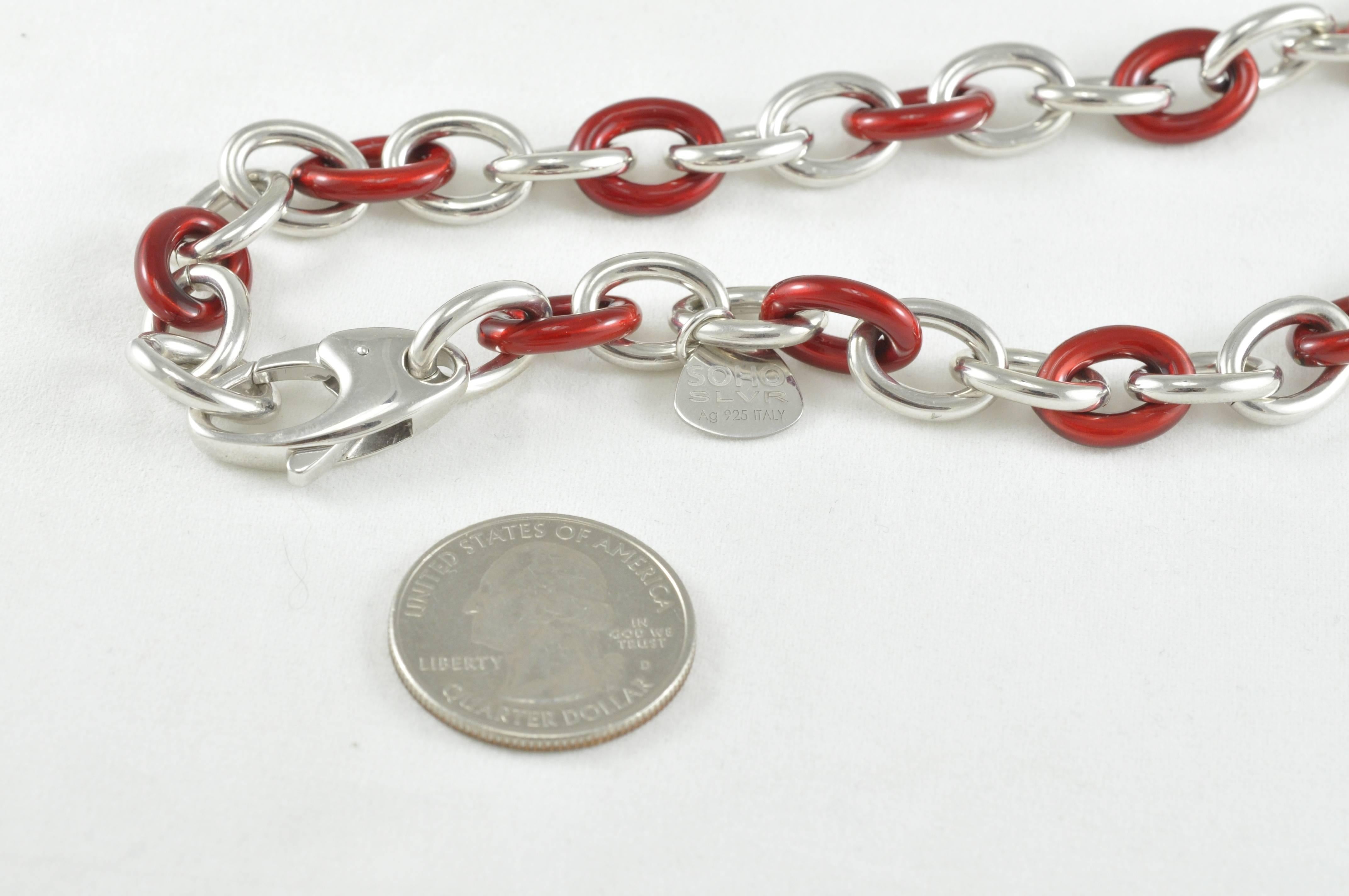 Women's Italian Sterling Silver and Red Enamel Soho Link Necklace