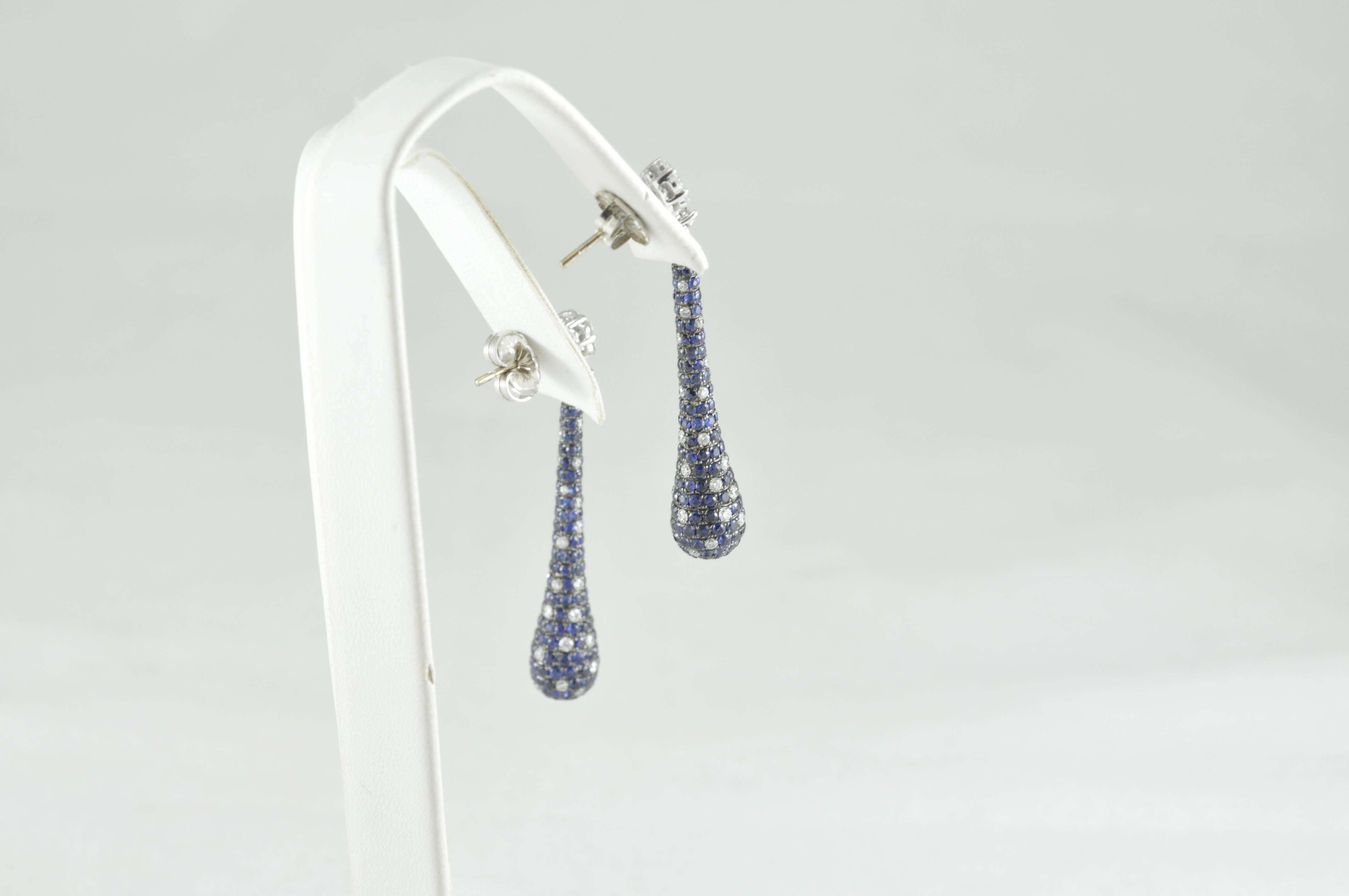 Modern White Diamond and Sapphire Long Tear Drop Earrings