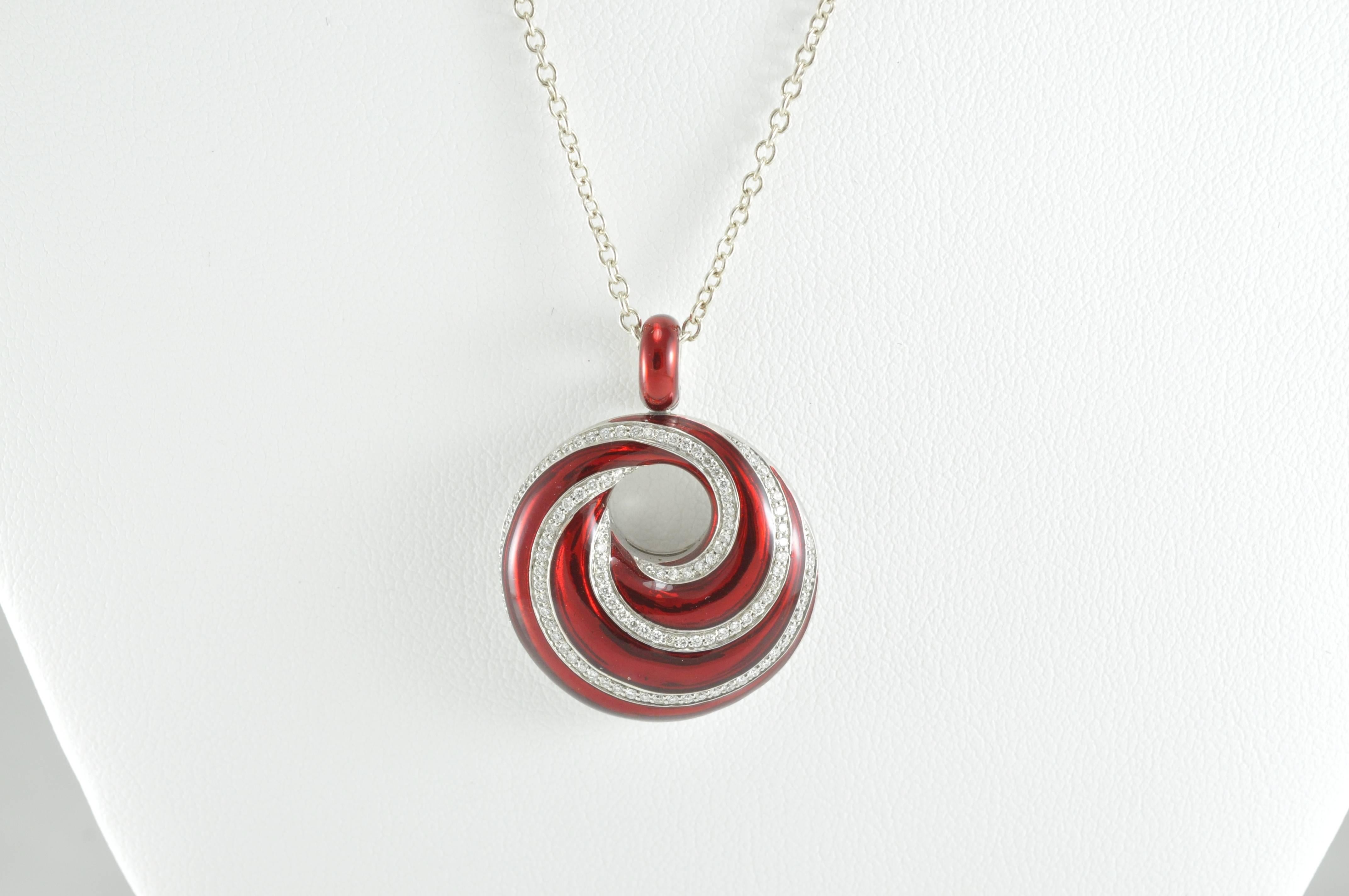Modern Itallian Design Sterling Silver Red Enamel and Diamond Necklace