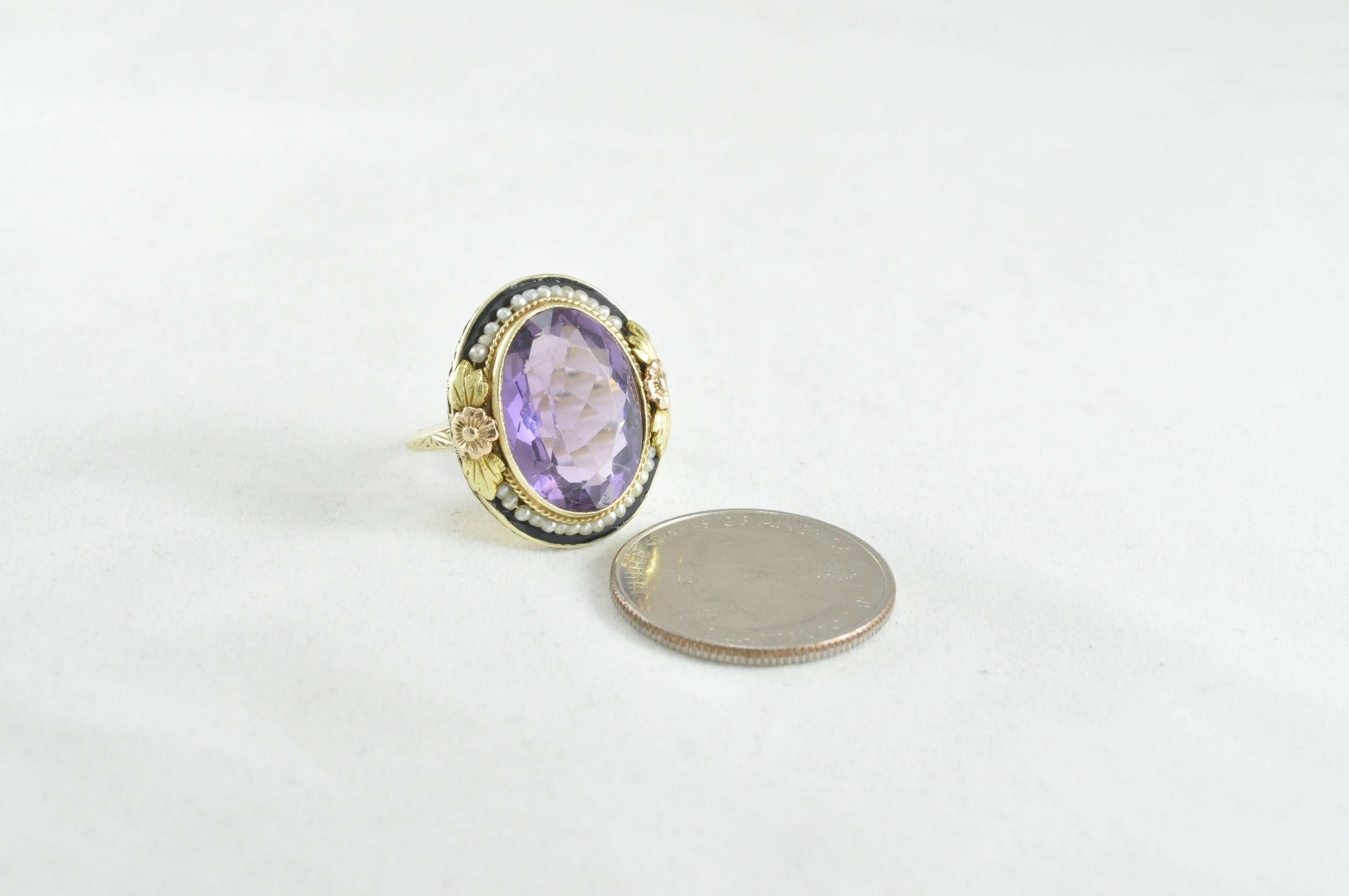 Art Nouveau Vintage Yellow Gold Amethyst and Seed Pearl Ring