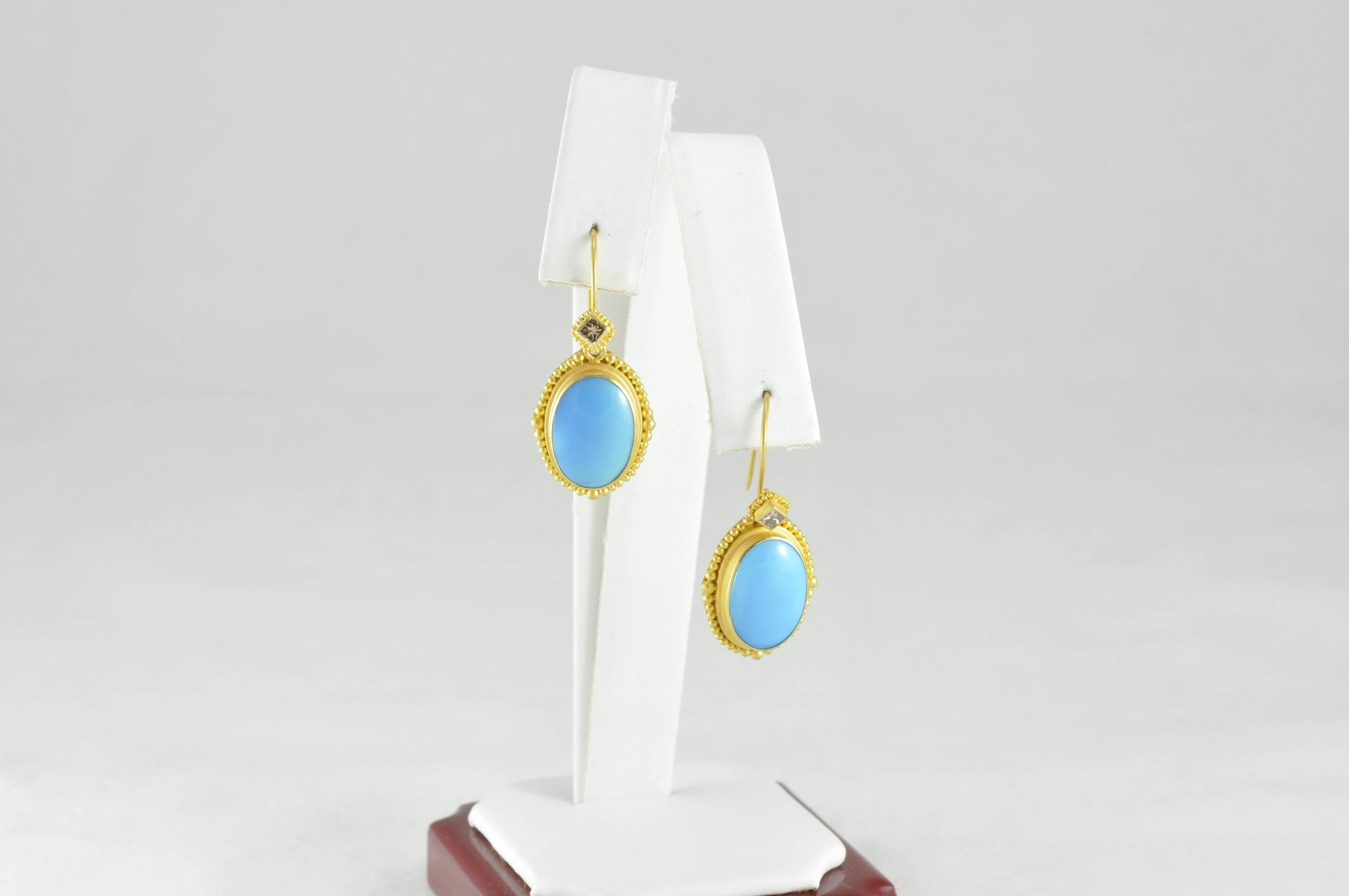 18k Granulated Yellow Gold Turquoise with Brown Diamond Drop Earrings.  There is no veining in these beautiful earrings. 