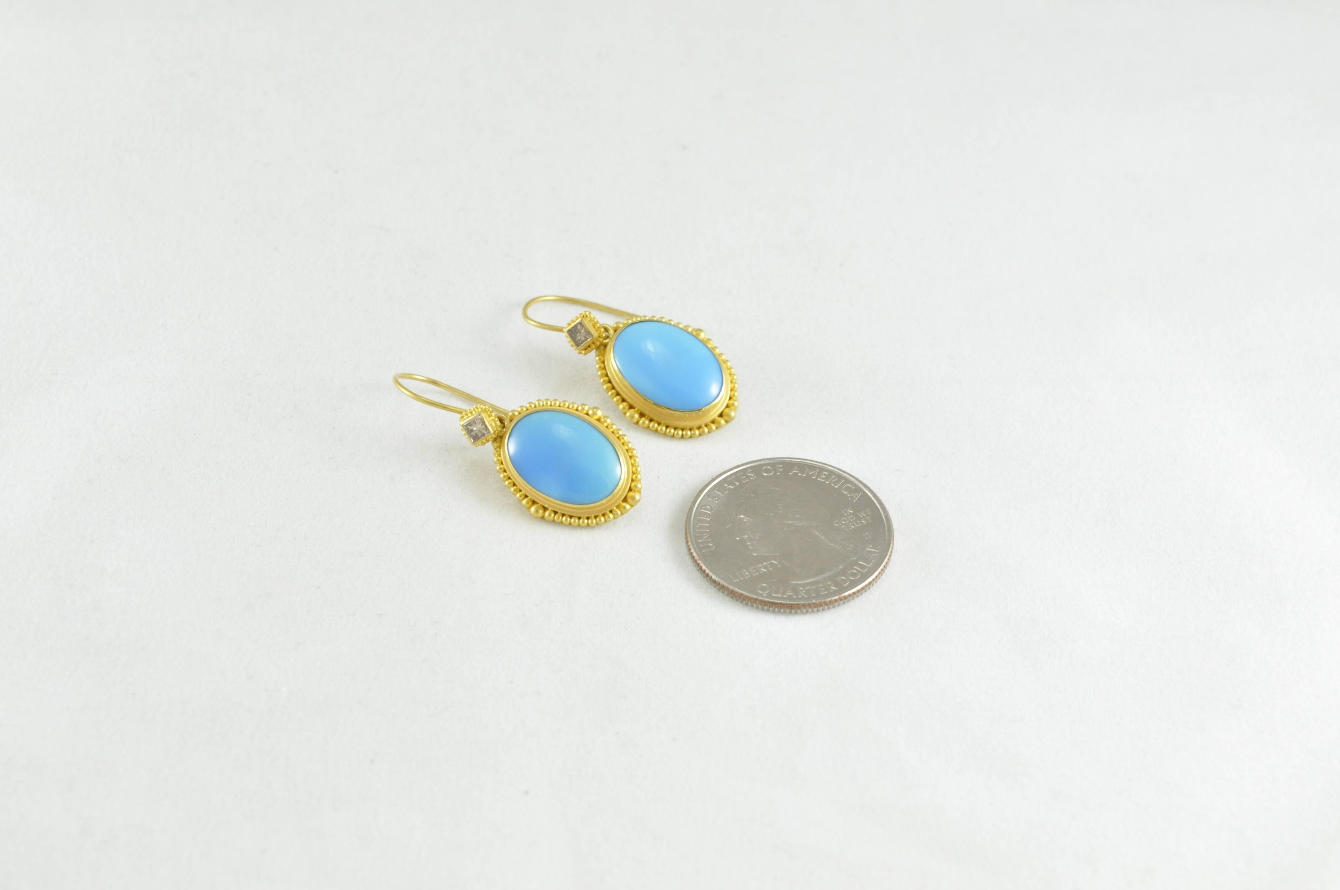 Granulated Yellow Gold, Turquoise and Brown Diamond Drop Earrings In New Condition In Dallas, TX