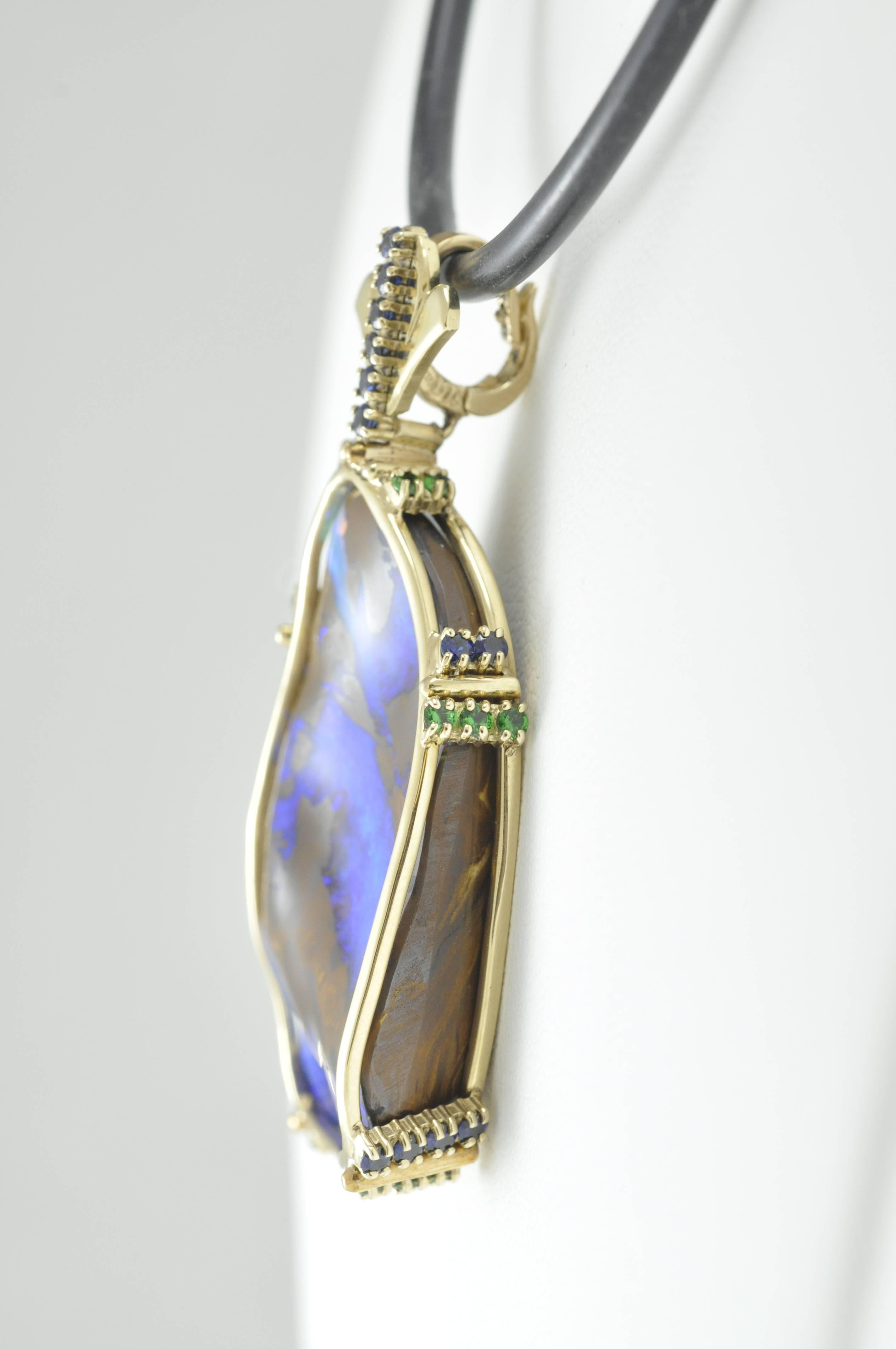 Round Cut Boulder Opal Pendant with Tsavorite and Sapphires