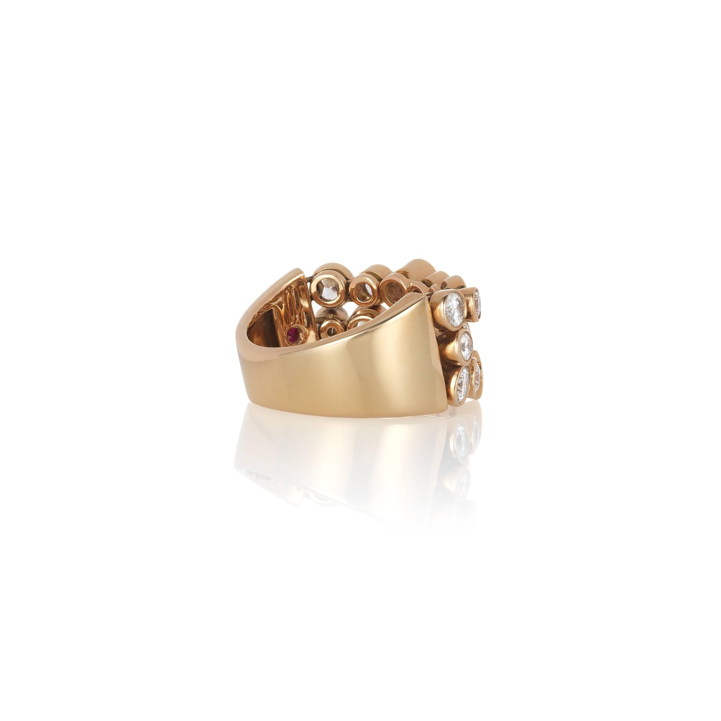 Stunning Roberto Coin Rose Gold and Diamond Ring from the Cento Collection. 
Size 7 3/4 and can be sized up to two sizes difference.  
18k Rose Gold.
Each Diamond in this ring has 100 facets for a brilliant shine that is simply unparalleled.  Over