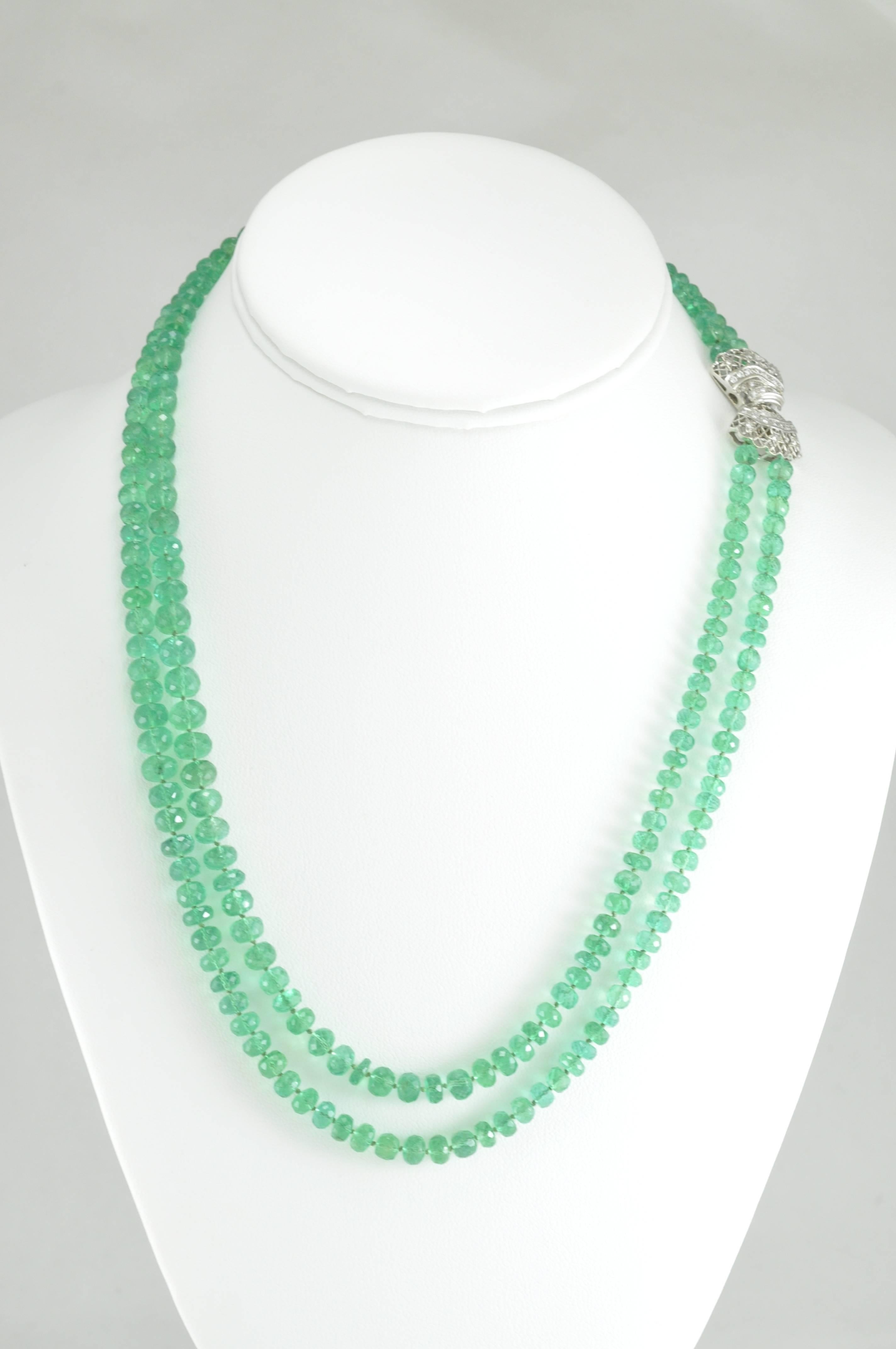 192ctw Double Strand Emerald Bead Necklace with 18kw Bowtie Clasp with .34ct Diamonds.
This necklace exudes elegance, sophistication while epitomizing style and grace. These beautiful gently graduated stones, have a truly remarkable color saturation