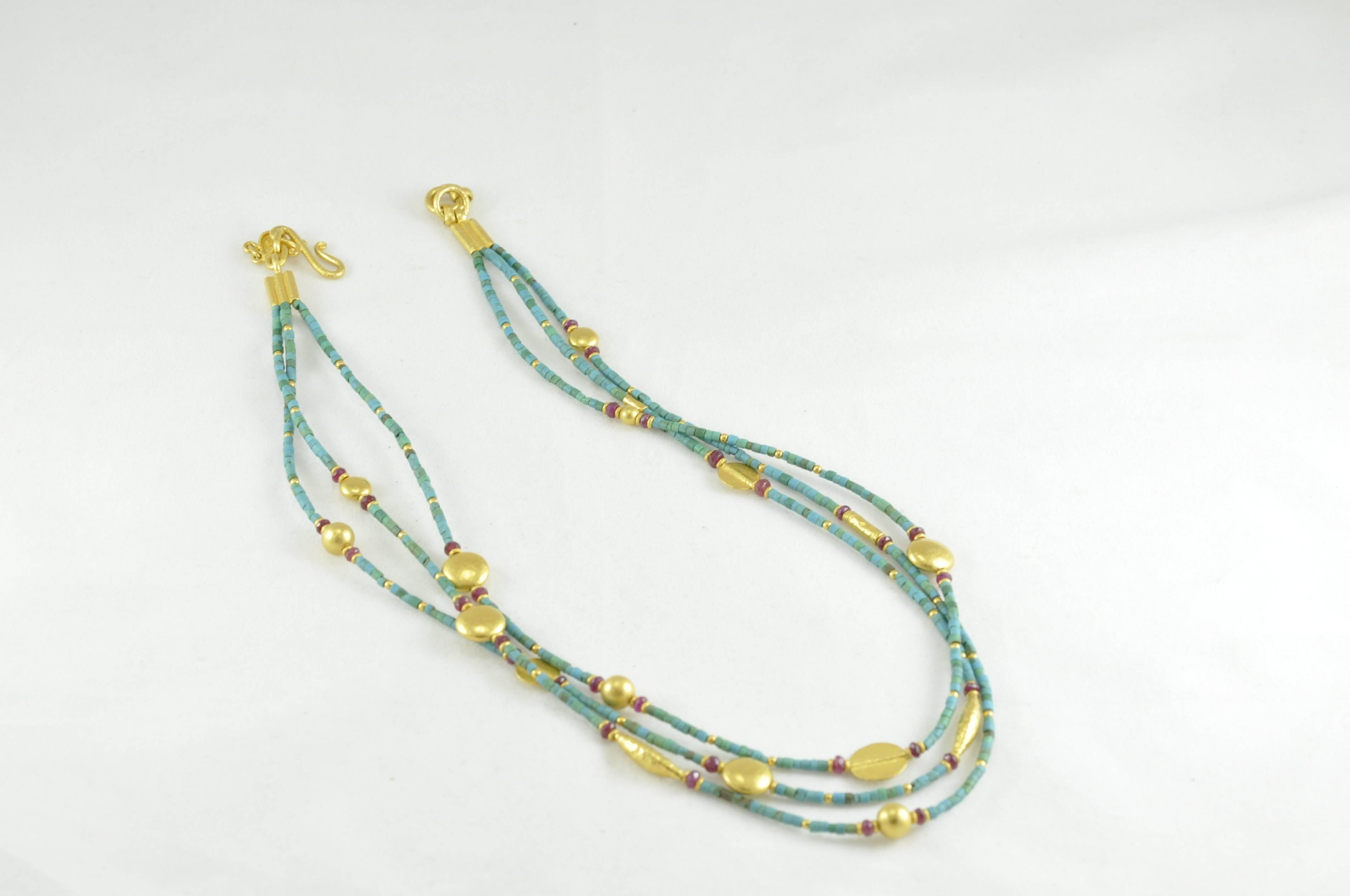 Artisan Turquoise, Ruby and Gold Necklace