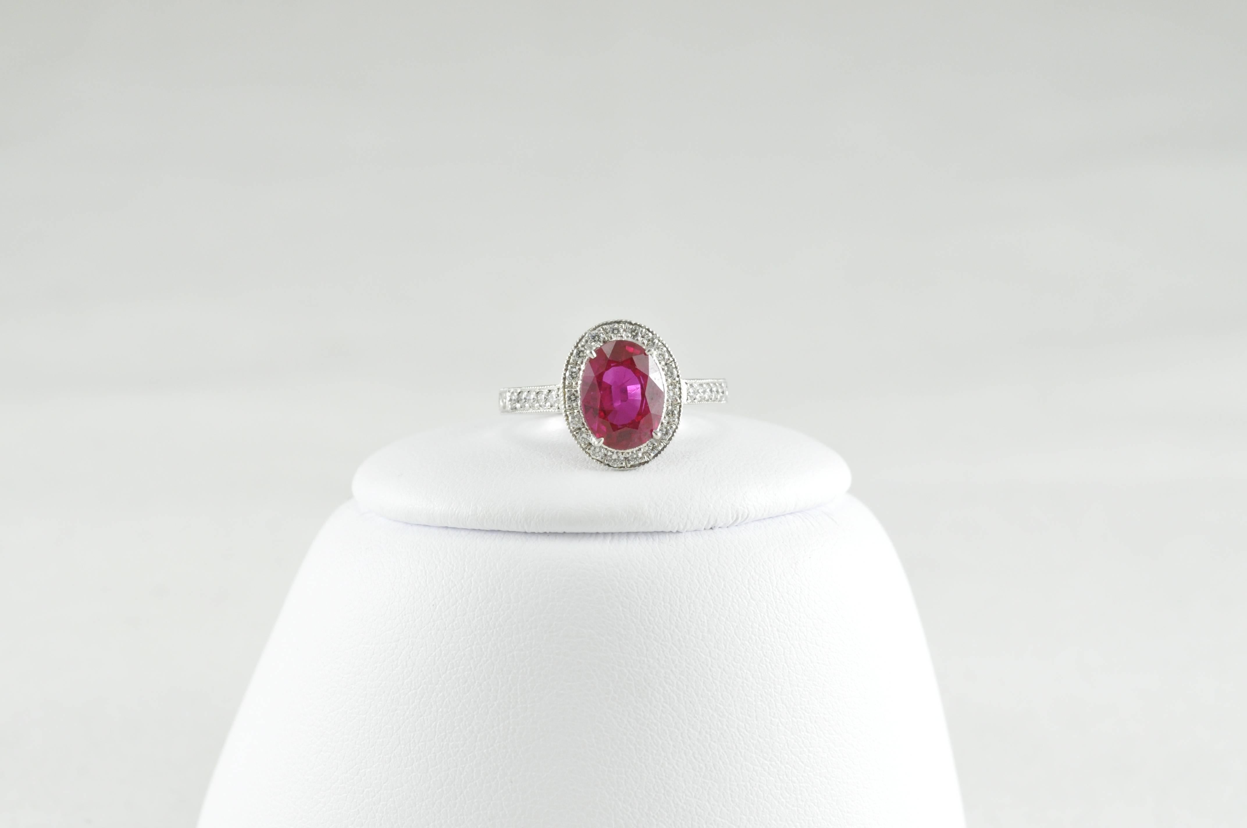 Size 6.5 and can be sized to fit. 
2.51CT Burma Ruby Platinum Ring with .26CT Pave Diamond Ring.   