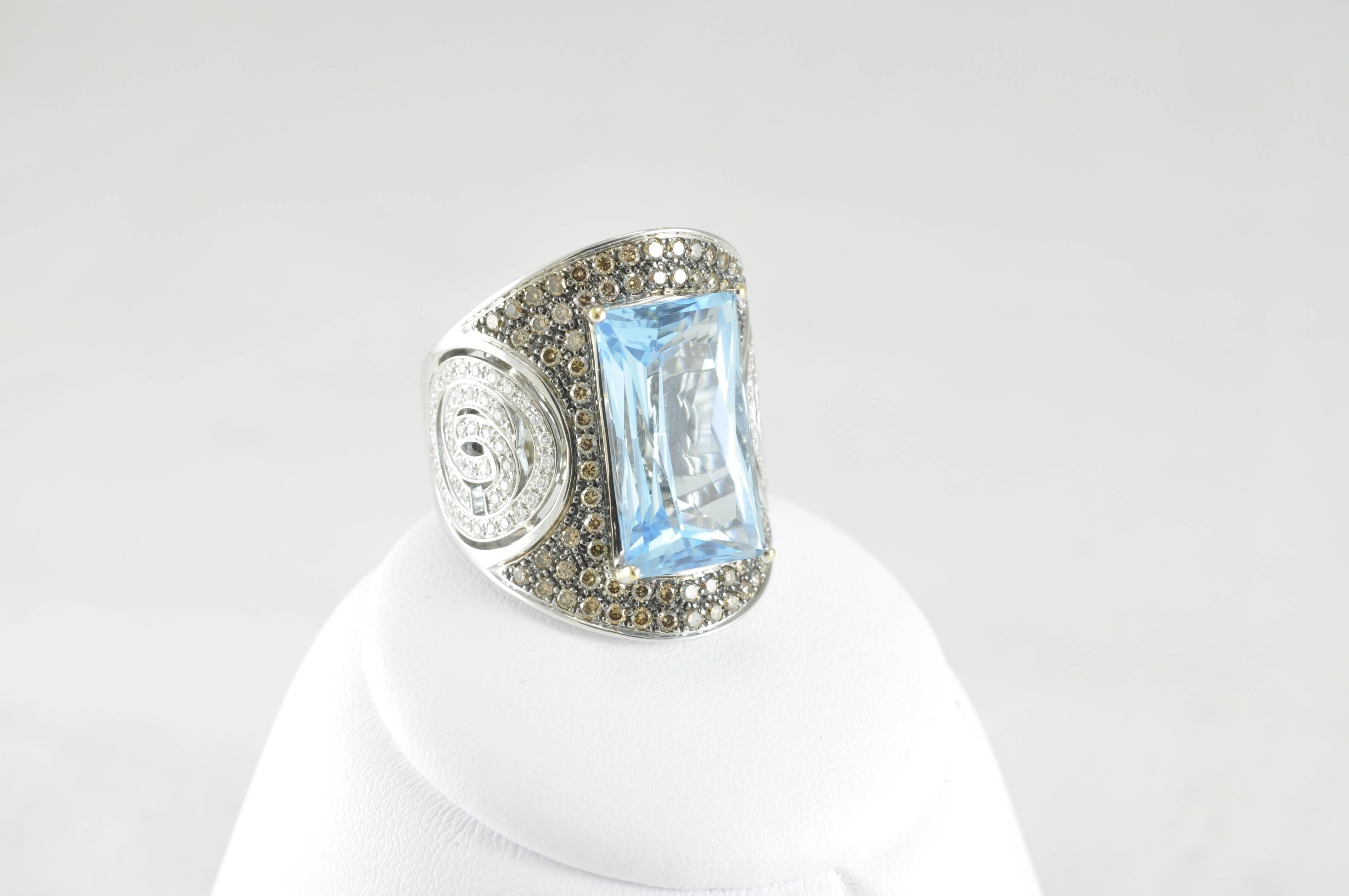 Orianne Collins Bagatelle White Gold, White Diamonds and Blue Topaz Ring.
This ring has 23.90grams of White Gold, 20.80ct. Blue Topaz, and .37ct of White Diamonds.  Center Topaz measures 7mm x 18.5mm.

A portion of all Orianne Collins Jewelry Sales
