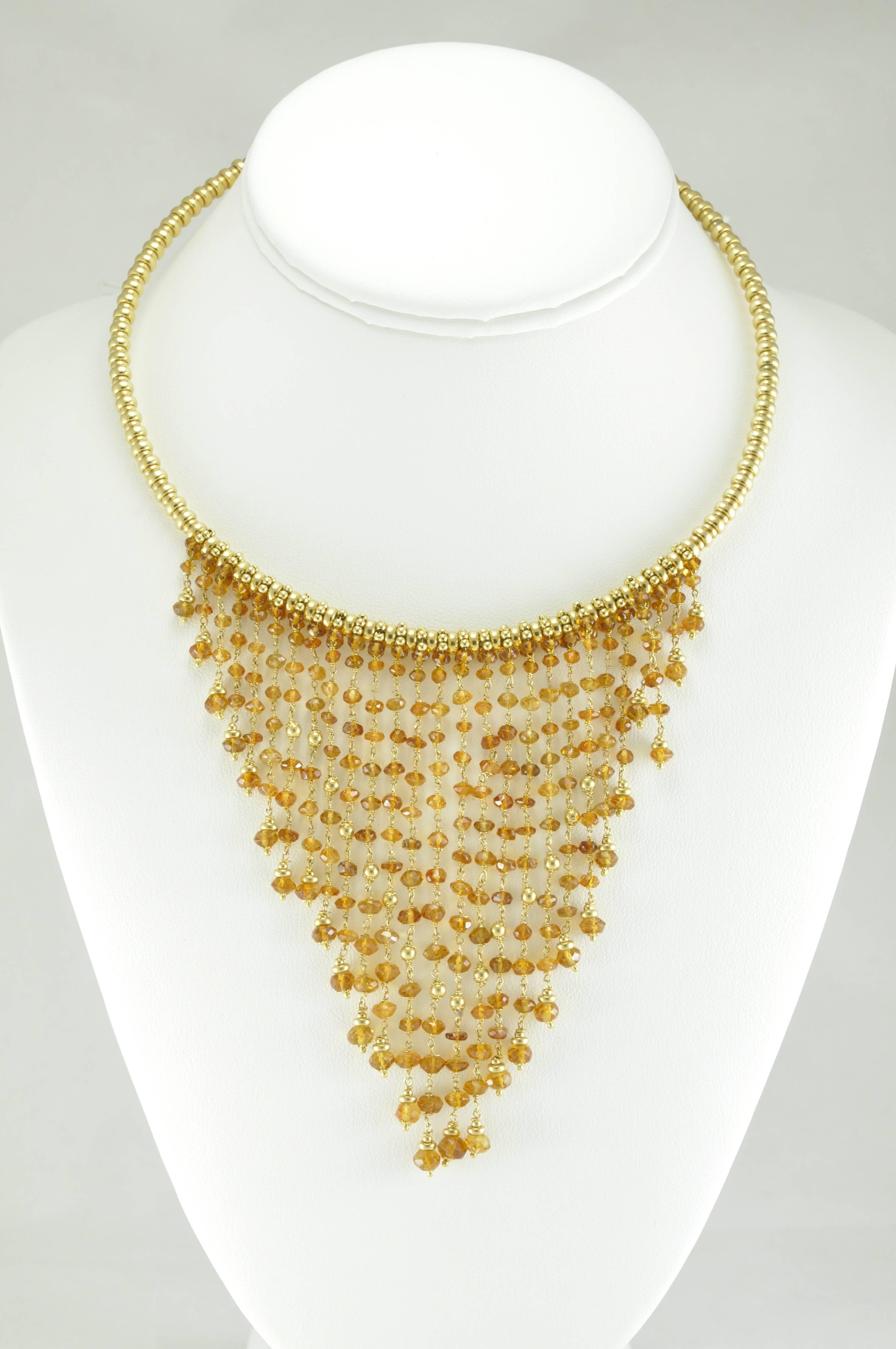 18k Yellow Gold and Citrine Dangle bead Necklace, titled MOONLIGHT. The piece is stamped 750 and also has a star, 726, and FL. The longest dangle measures 3.5 inches from the choker portion of the necklace, while the shortest measures 3/8 inch.