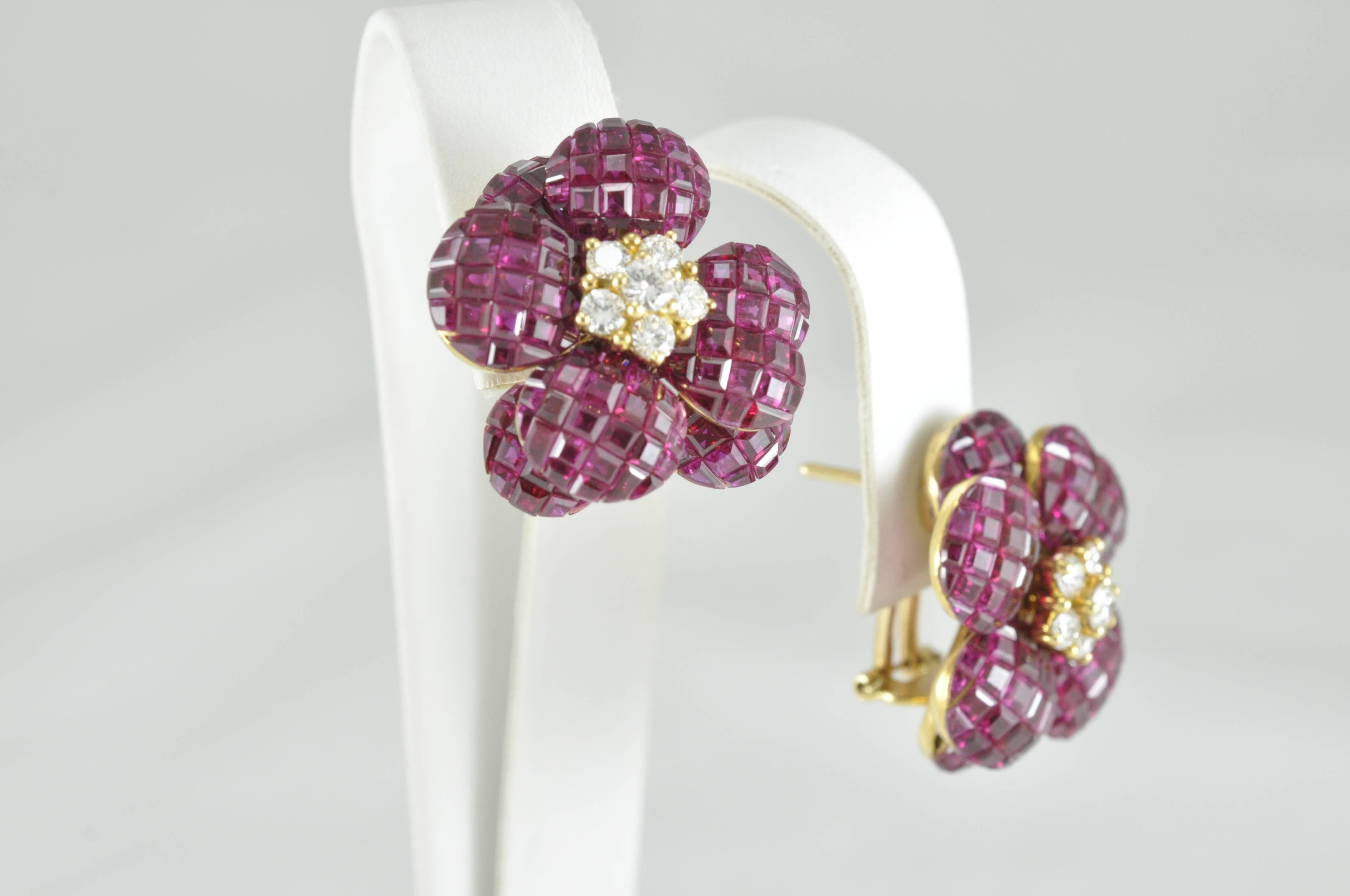 Art Deco Ruby and Diamond Flower Earrings