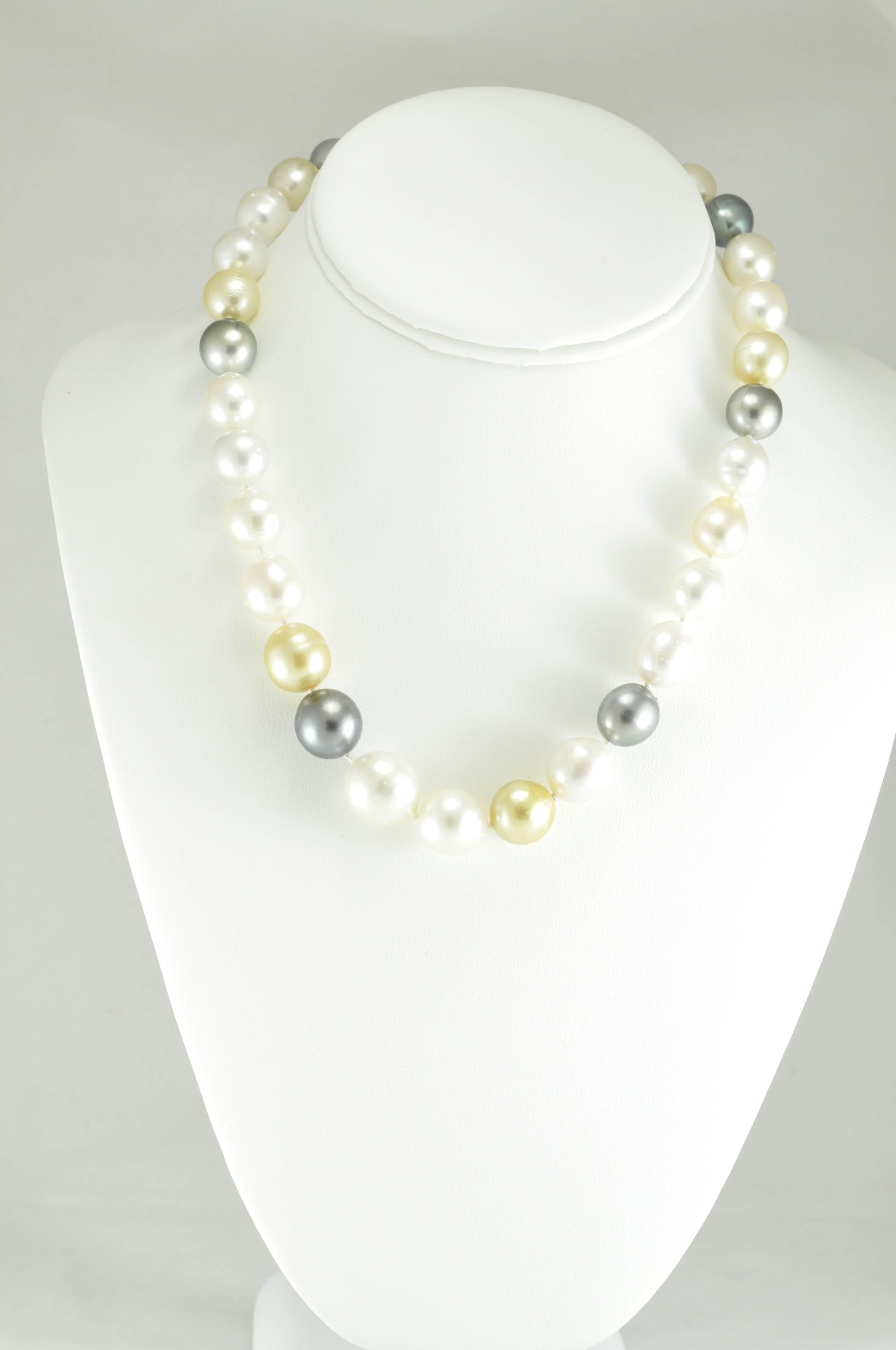 Elegant and versatile 14k White Gold and Multi-colored South Sea and Tahitian Pearls 11-15mm.  18 inches long with a 14k clasp. Great for casual and formal occasions. 