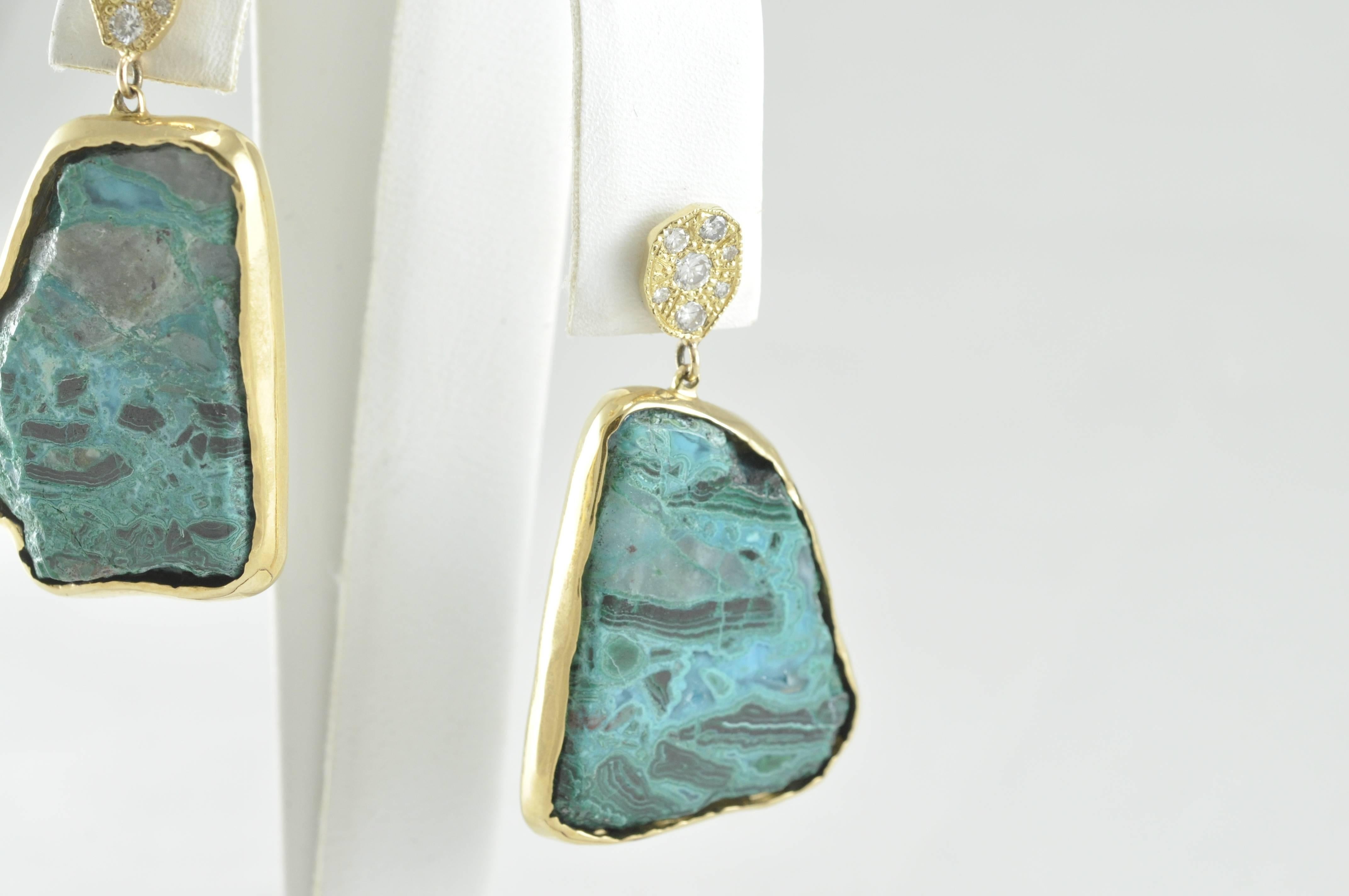 Artisan Yellow Gold Diamond and Chrysocolla Earrings