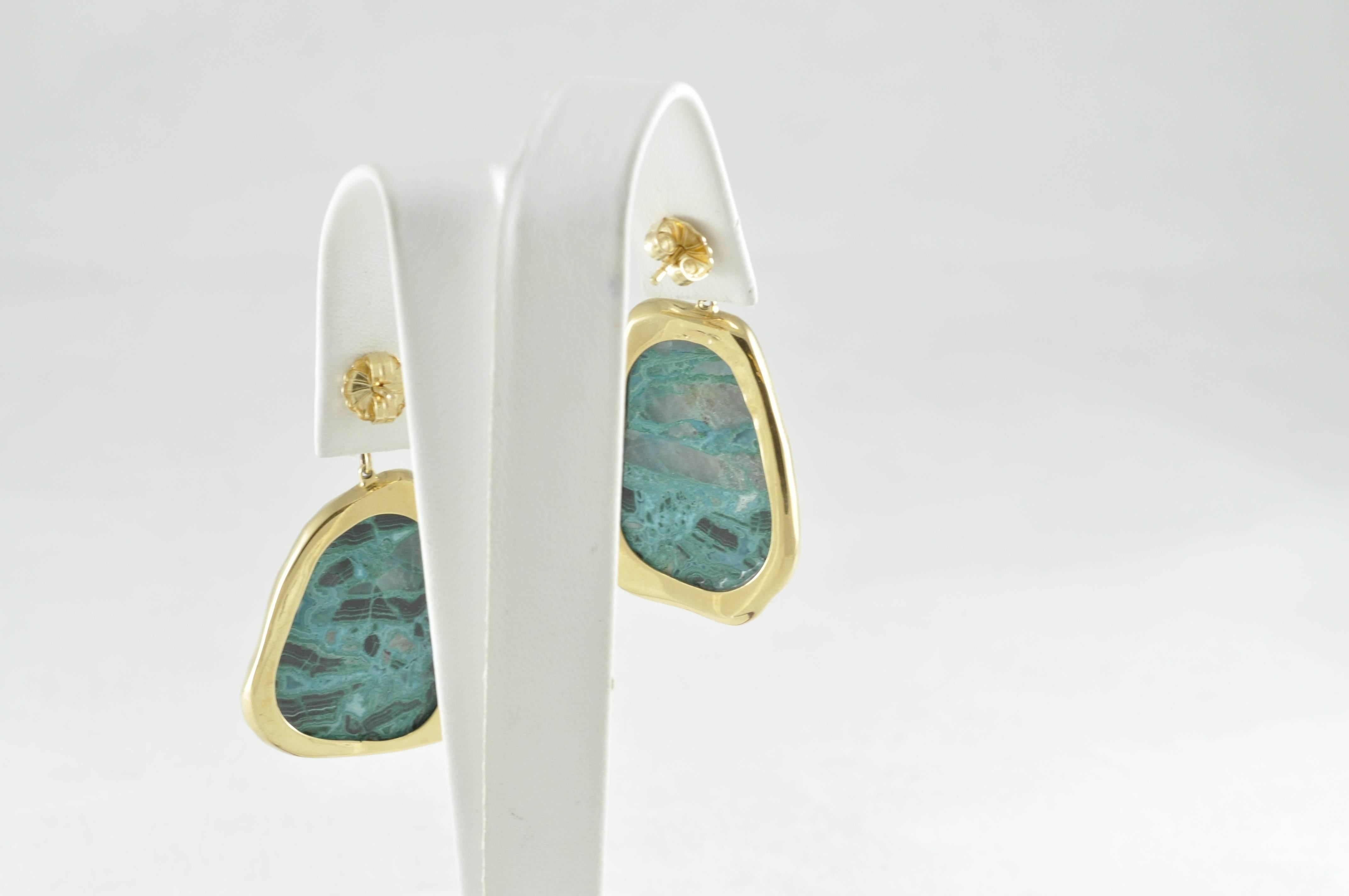 Yellow Gold Diamond and Chrysocolla Earrings In New Condition In Dallas, TX