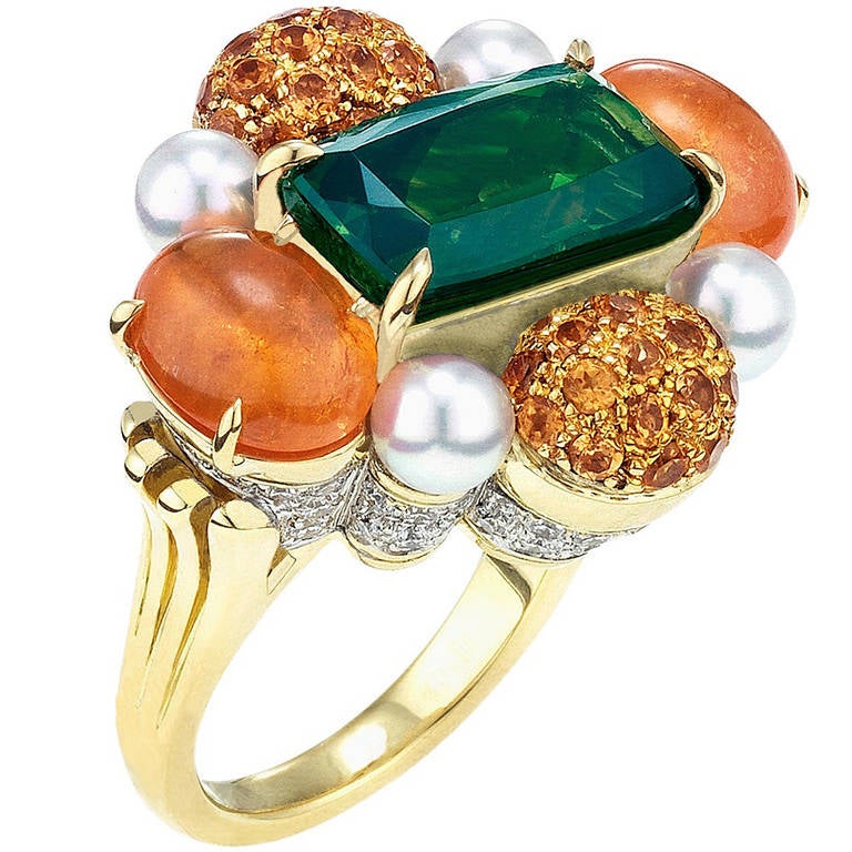 Gorgeous One-of-a-Kind Diamond, Mandarin Garnet, Tourmaline Gold Ring For Sale
