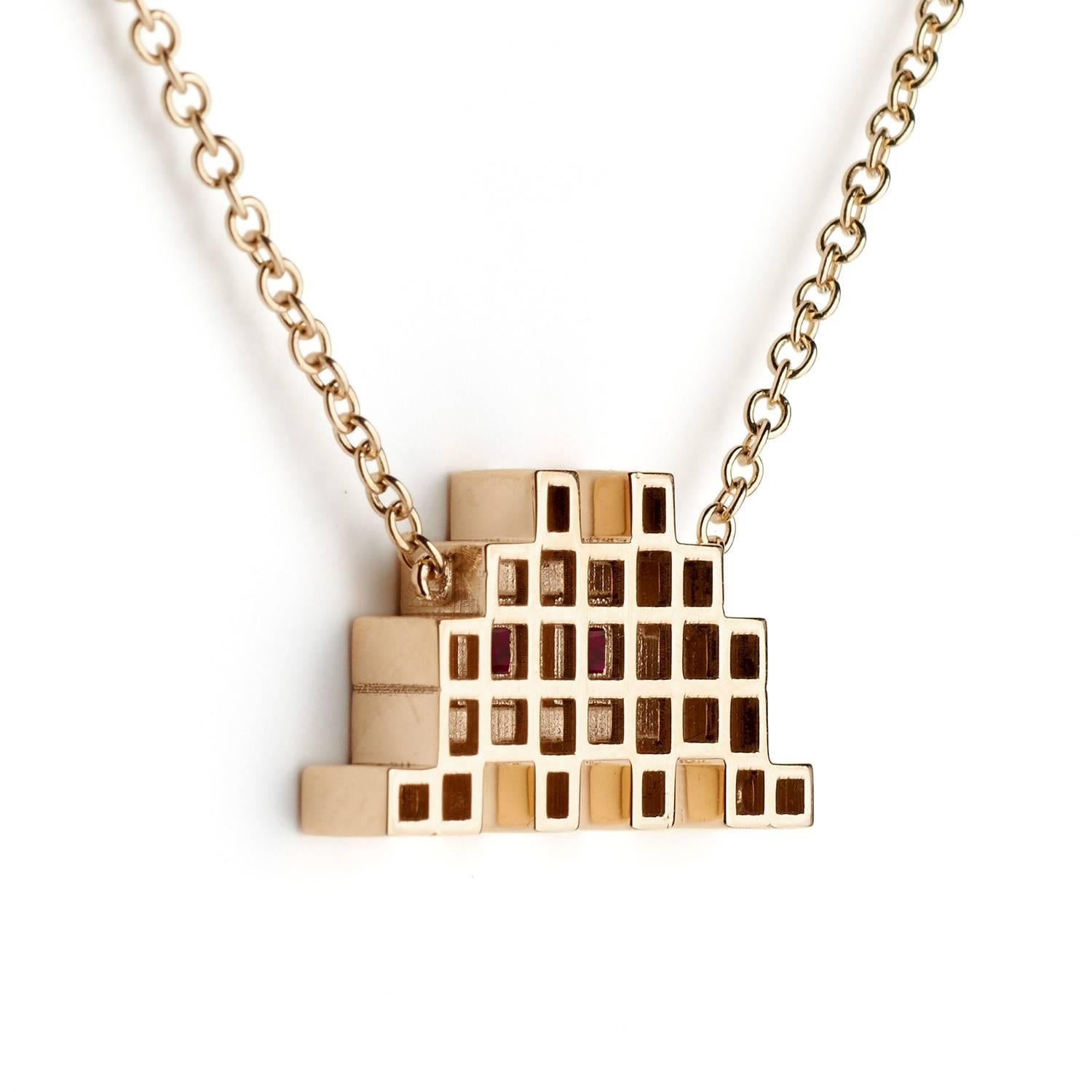 Contemporary Francesca Grima Invader I Necklace in Yellow Gold and Rubies For Sale