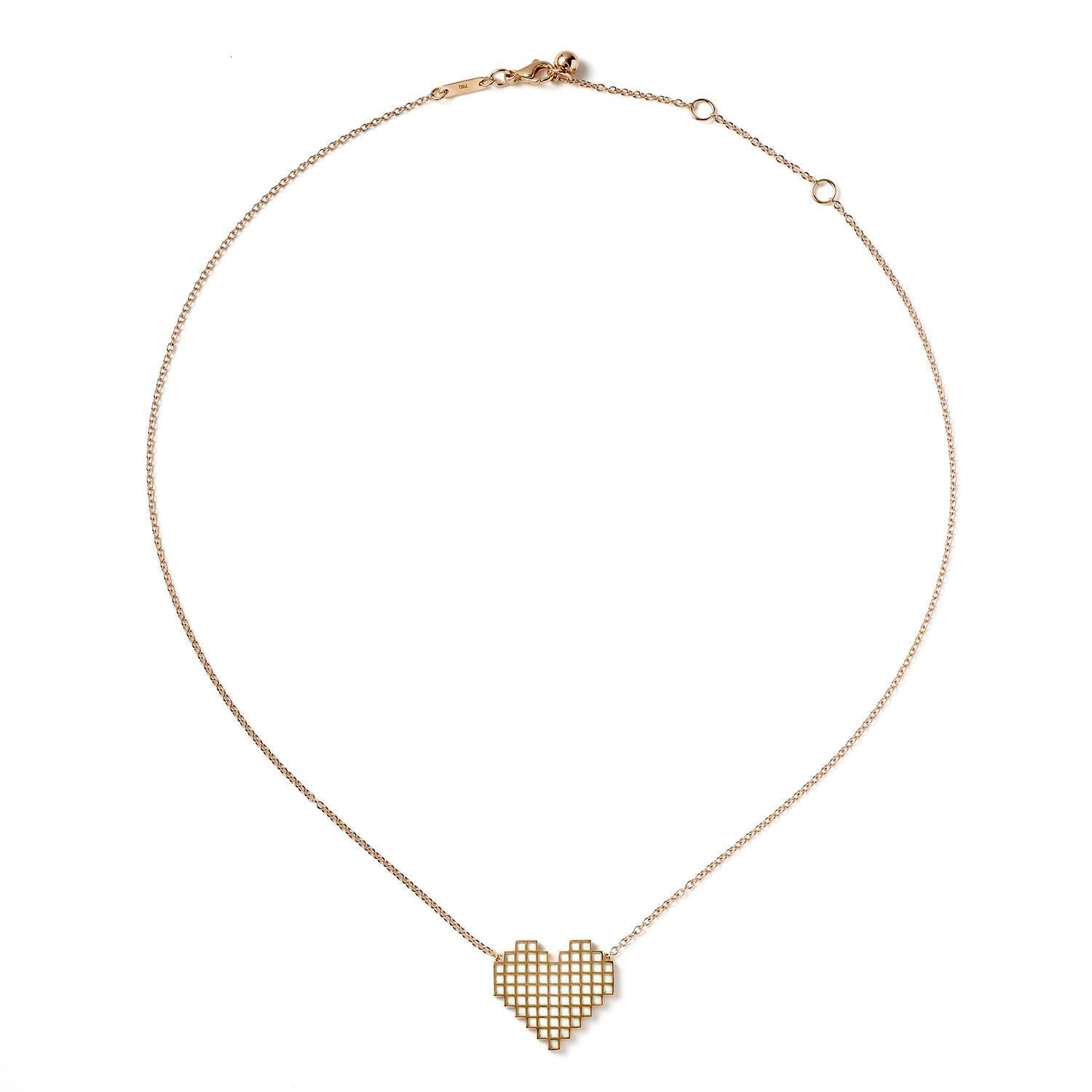 Contemporary Francesca Grima Rose Gold Reversible Pixel Heart Necklace in Carbon Snow Enamel For Sale