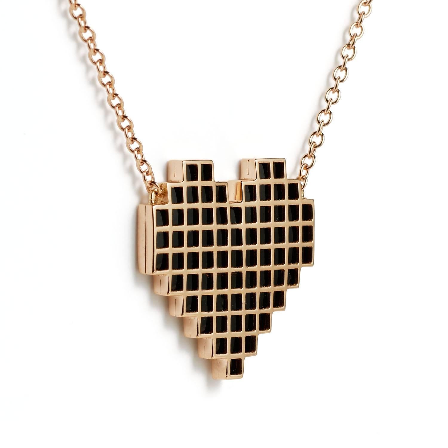Francesca Grima Rose Gold Reversible Pixel Heart Necklace in Carbon Snow Enamel In New Condition For Sale In London, GB
