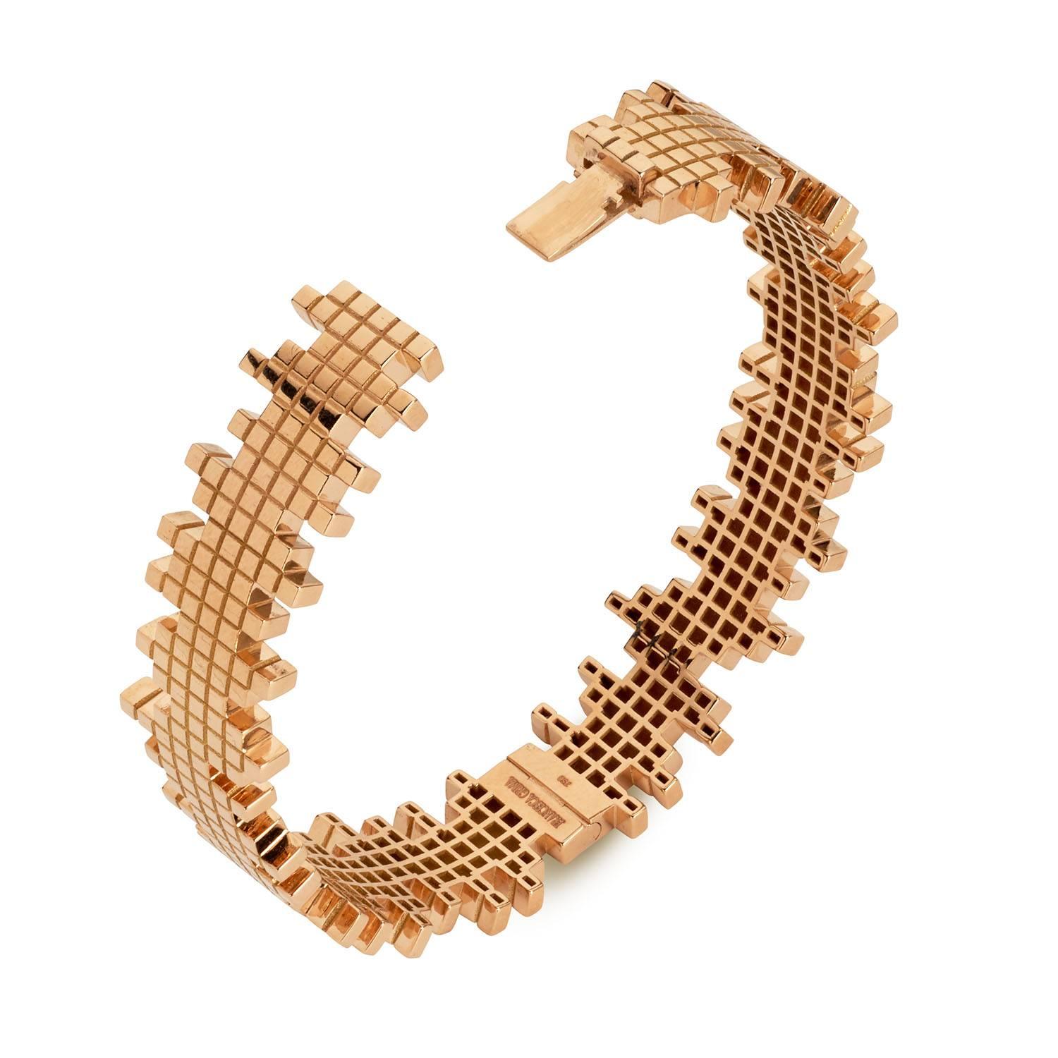 Rose gold pixel bangle by Francesca Grima

・Polished 18ct. Rose Gold
・Diameter: 5.9cm x 5cm
・Width: 1.9cm
・Push fastening, hinged

Signed Francesca Grima, 750

About Francesca Grima 
Born into a family that has a long tradition in fine jewellery –