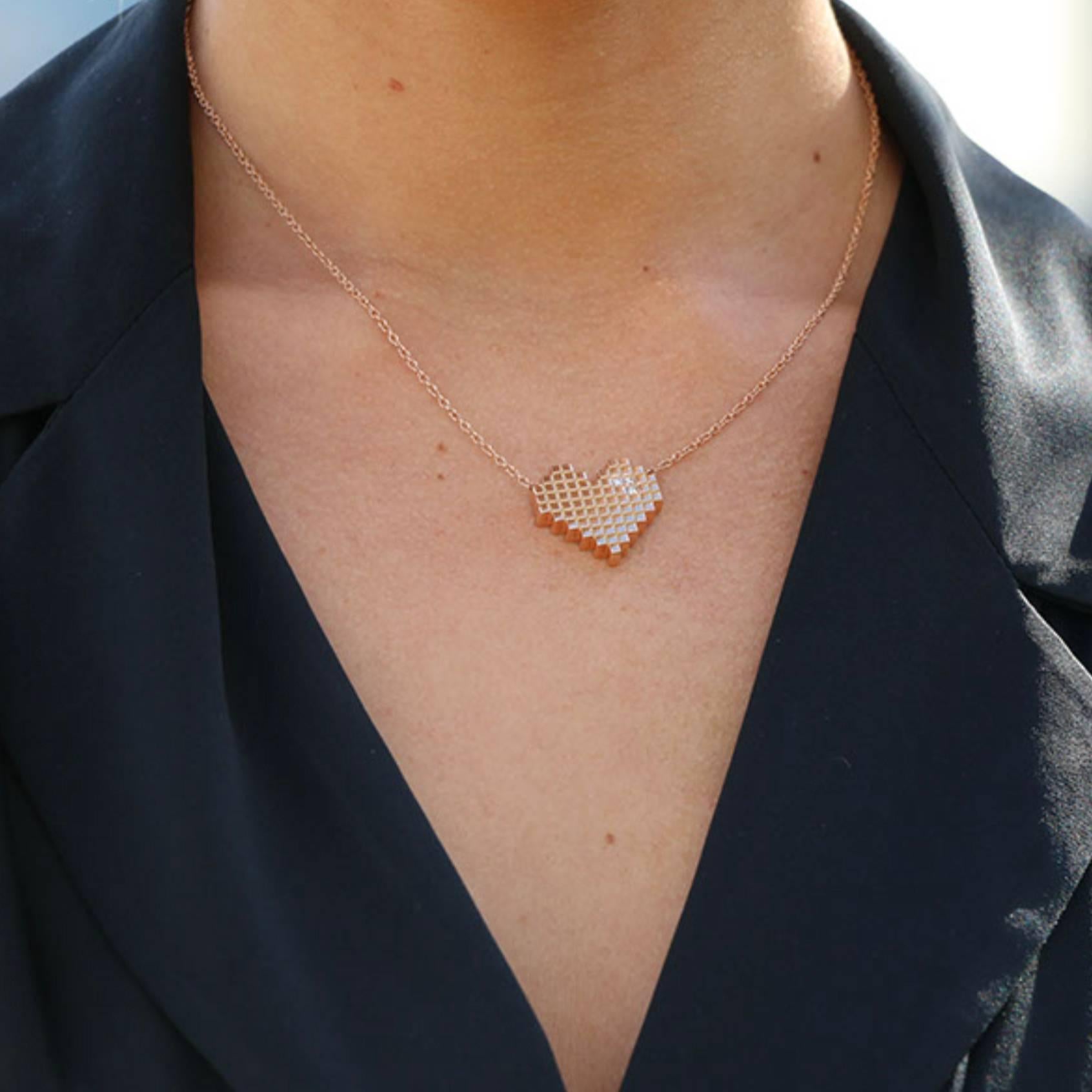 Contemporary Francesca Grima Diamond Yellow Gold Pixel Heart Necklace For Sale