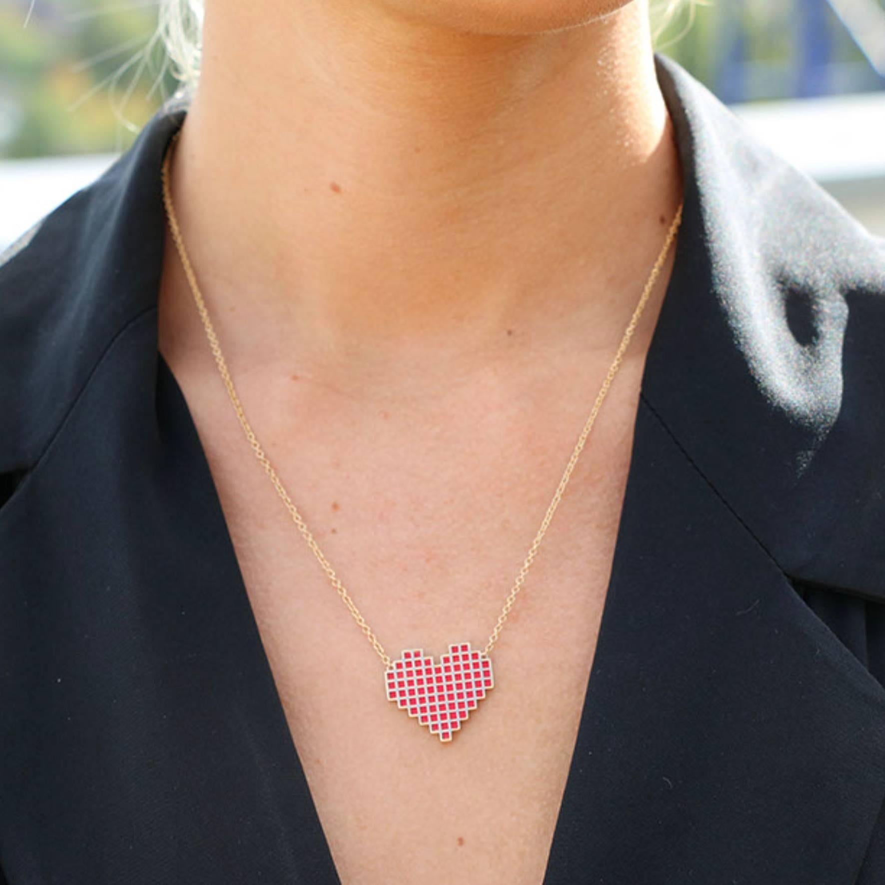 Women's Francesca Grima Rose Gold Reversible Pixel Heart Necklace in Carbon Snow Enamel For Sale