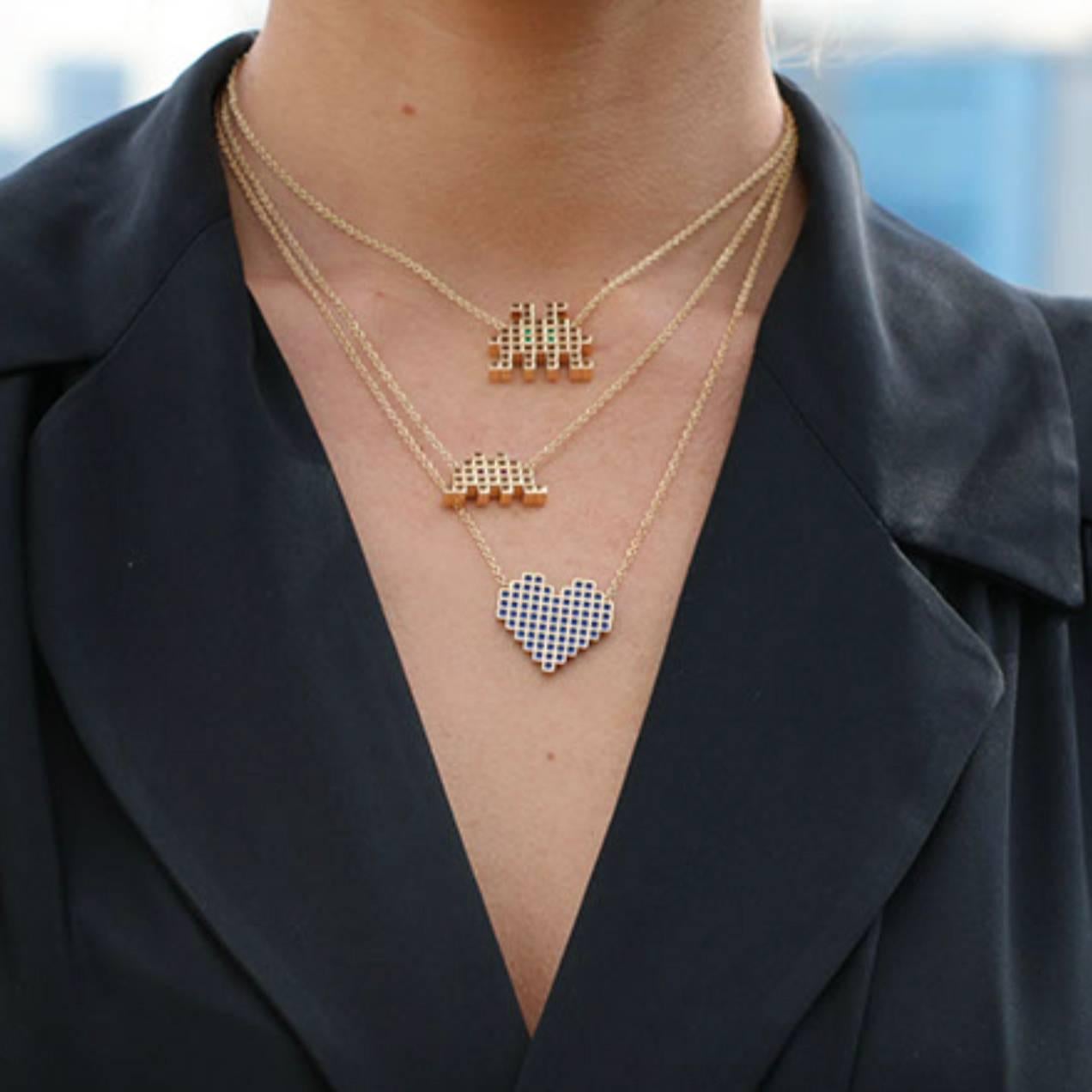 Francesca Grima Rose Gold Reversible Pixel Heart Necklace in Carbon Snow Enamel For Sale 1