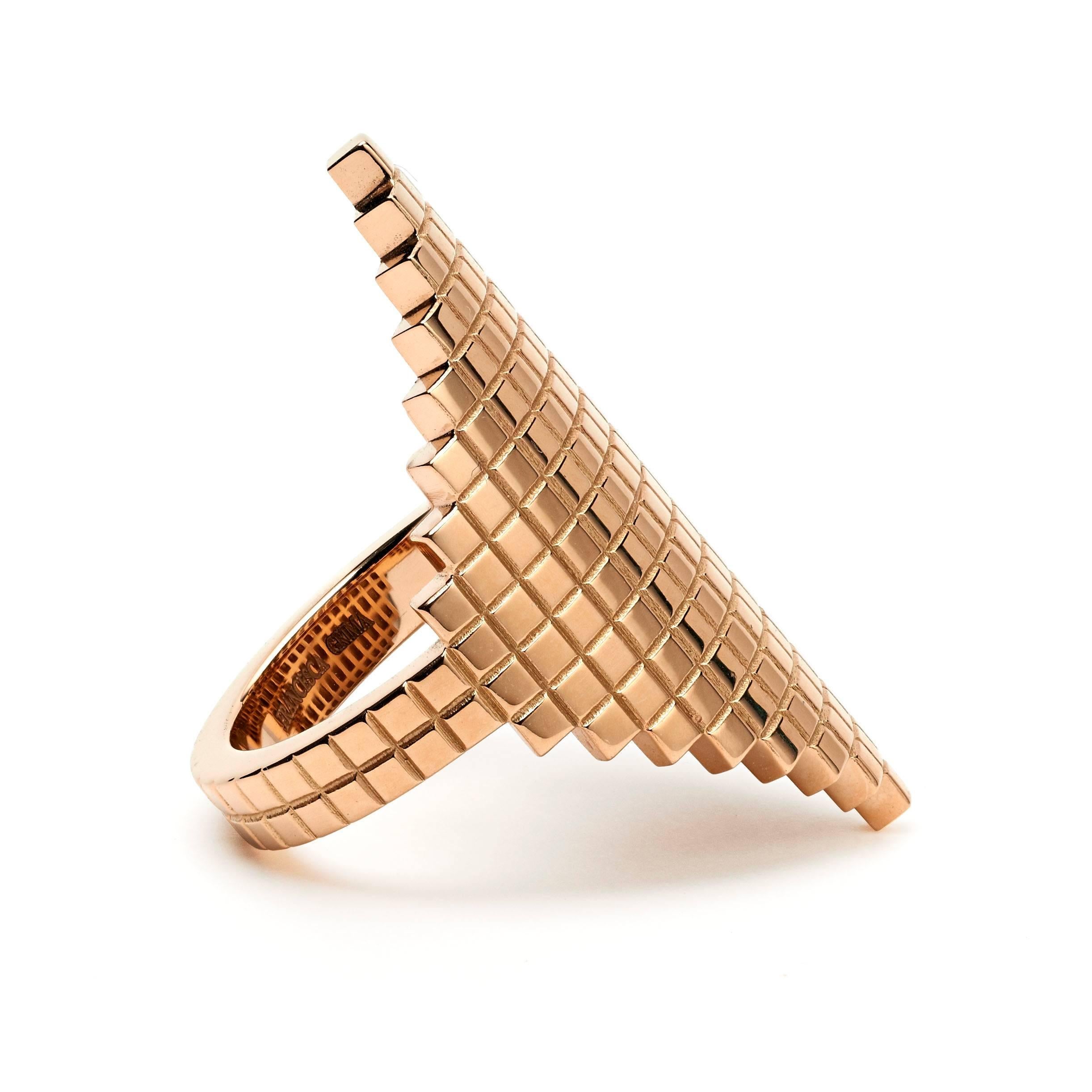 "Long Pixel Ring" by Francesca Grima in 18ct. Rose Gold. 

French Size 55.5  UK Size O 1/2  US Size 7 1/2

Signed Francesca Grima, London Hallmarks 

About Francesca Grima 
Born into a family that has a long tradition in fine jewellery –