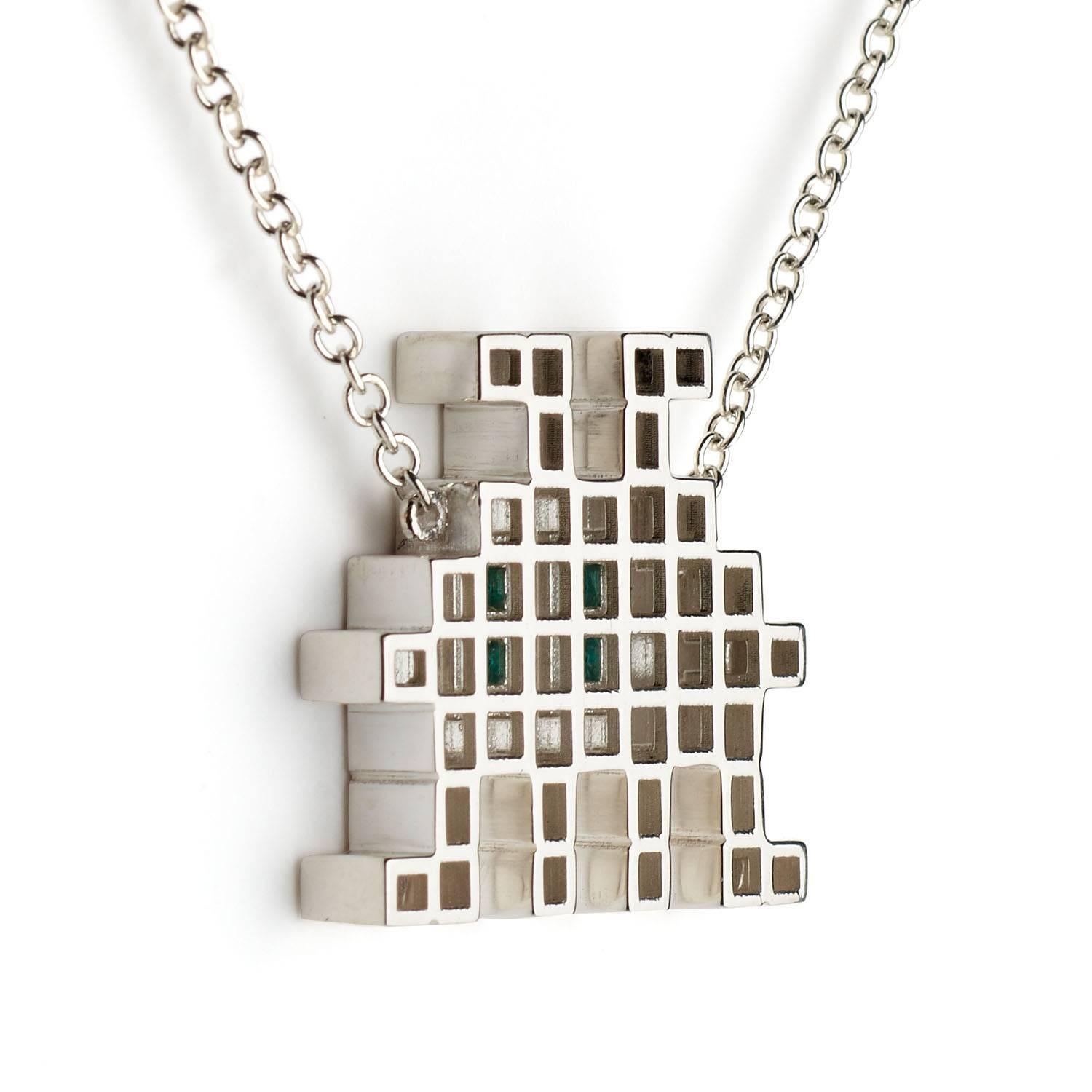 Contemporary Francesca Grima Silver and Emerald Invader III Necklace For Sale