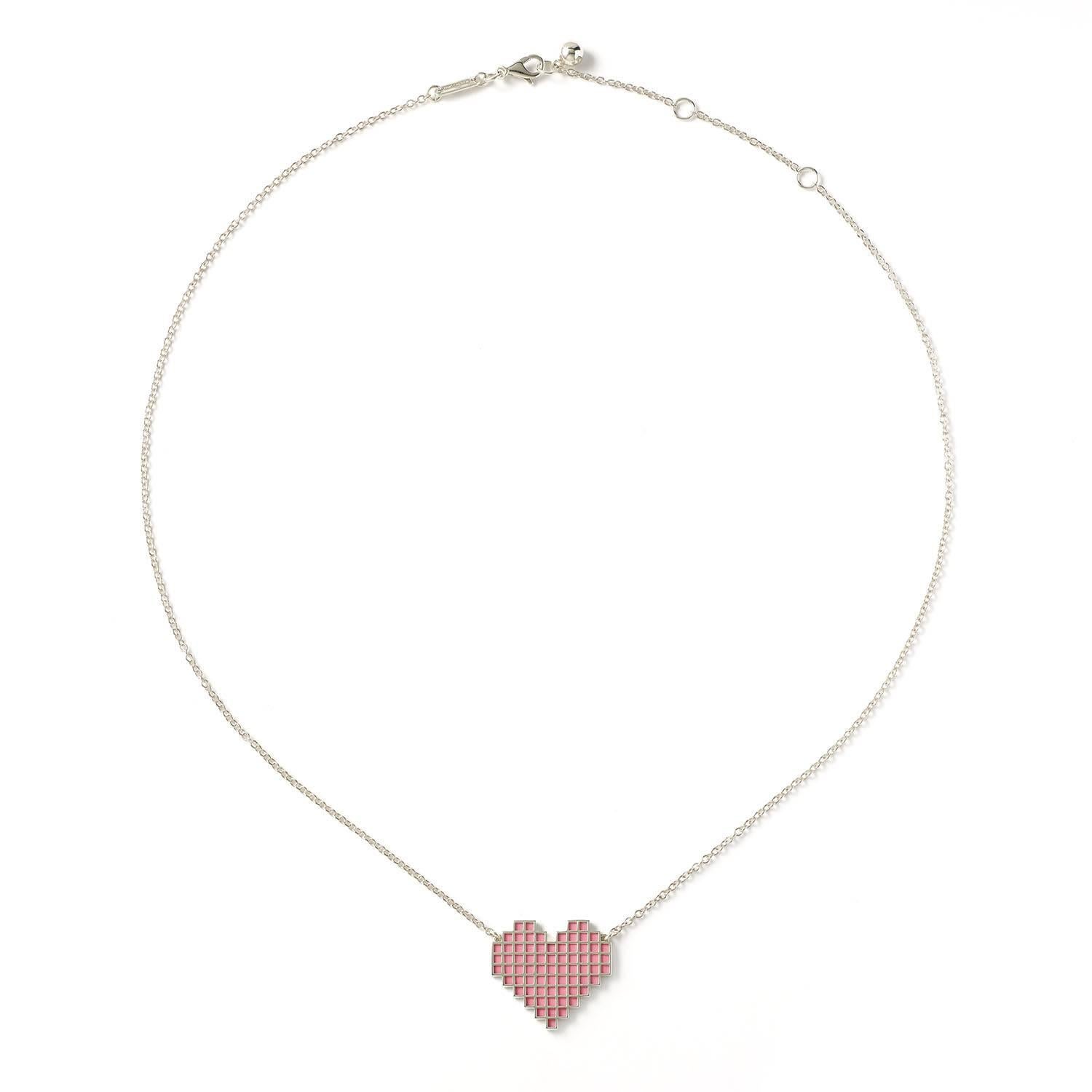 Women's Francesca Grima Silver Reversible Pixel Heart Necklace in Bubblegum and Carbon For Sale