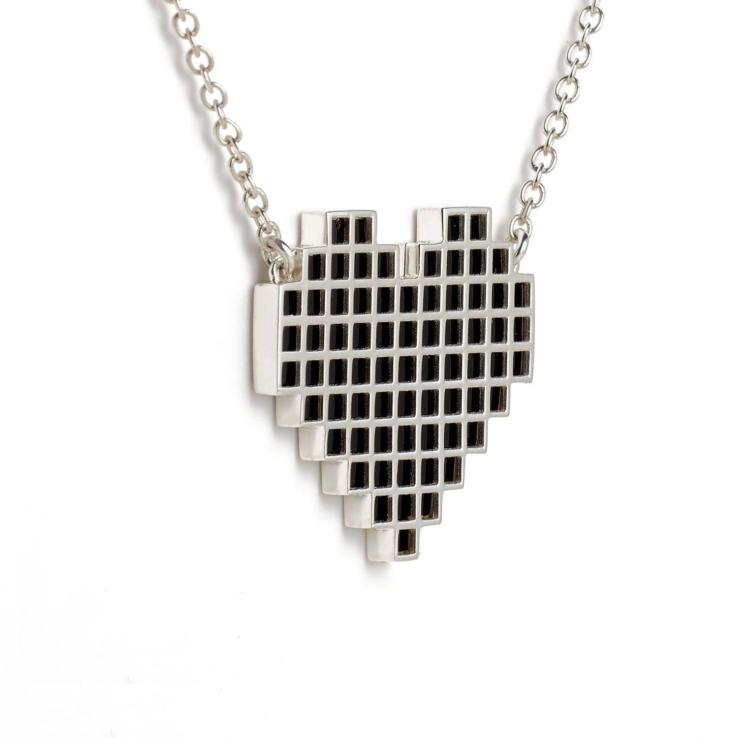 Contemporary Francesca Grima Silver Reversible Pixel Heart Necklace in Bubblegum and Carbon For Sale
