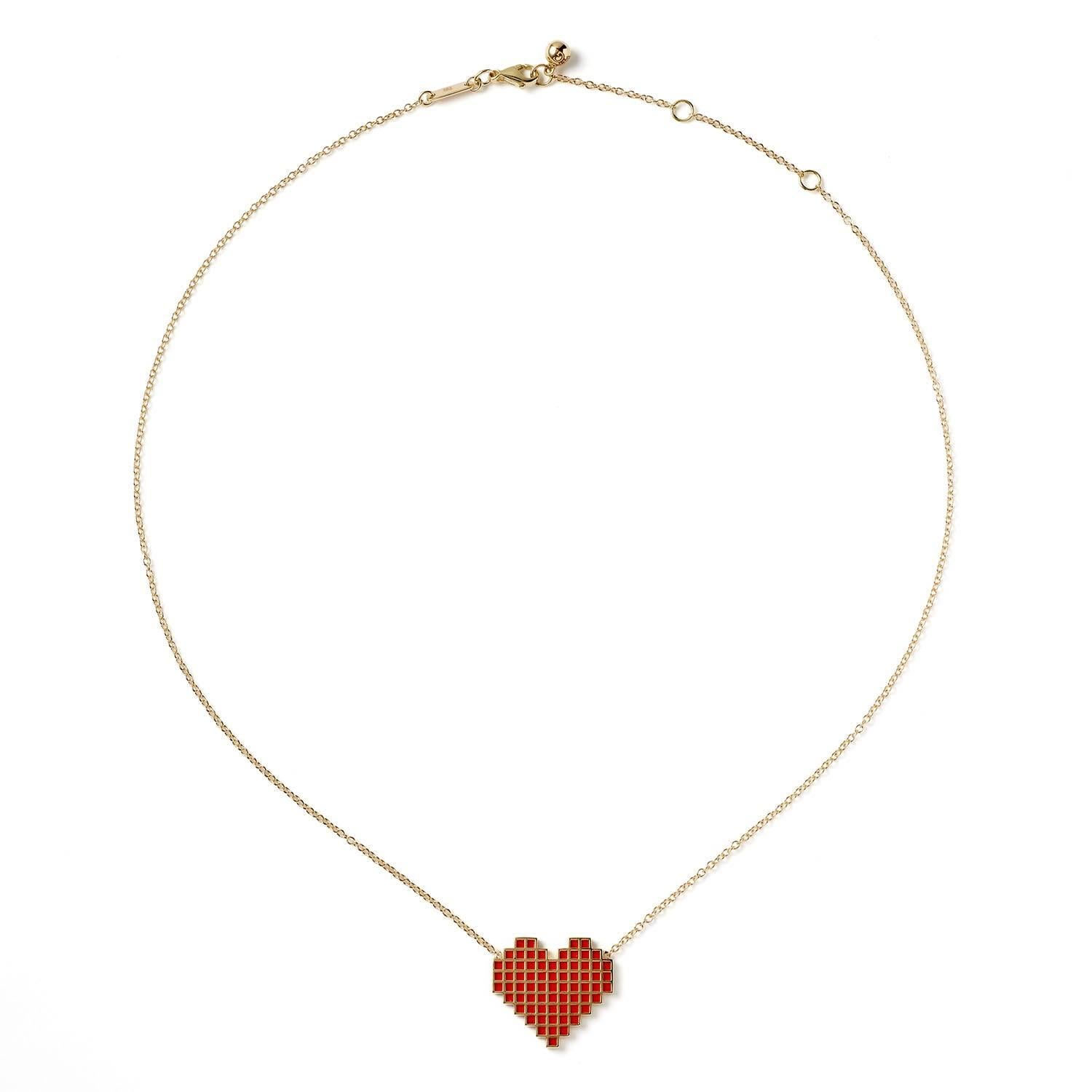 Women's or Men's Francesca Grima Yellow Gold and Enamel Reversible Pixel Heart Necklace For Sale