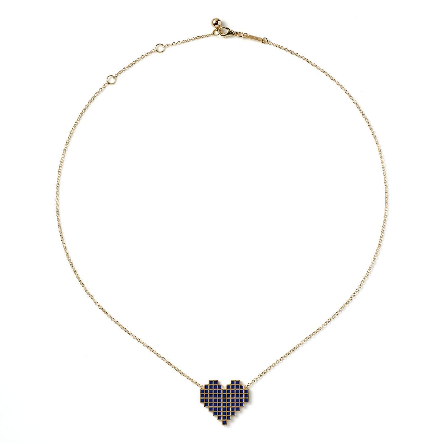 Francesca Grima Yellow Gold and Enamel Reversible Pixel Heart Necklace In New Condition For Sale In London, GB