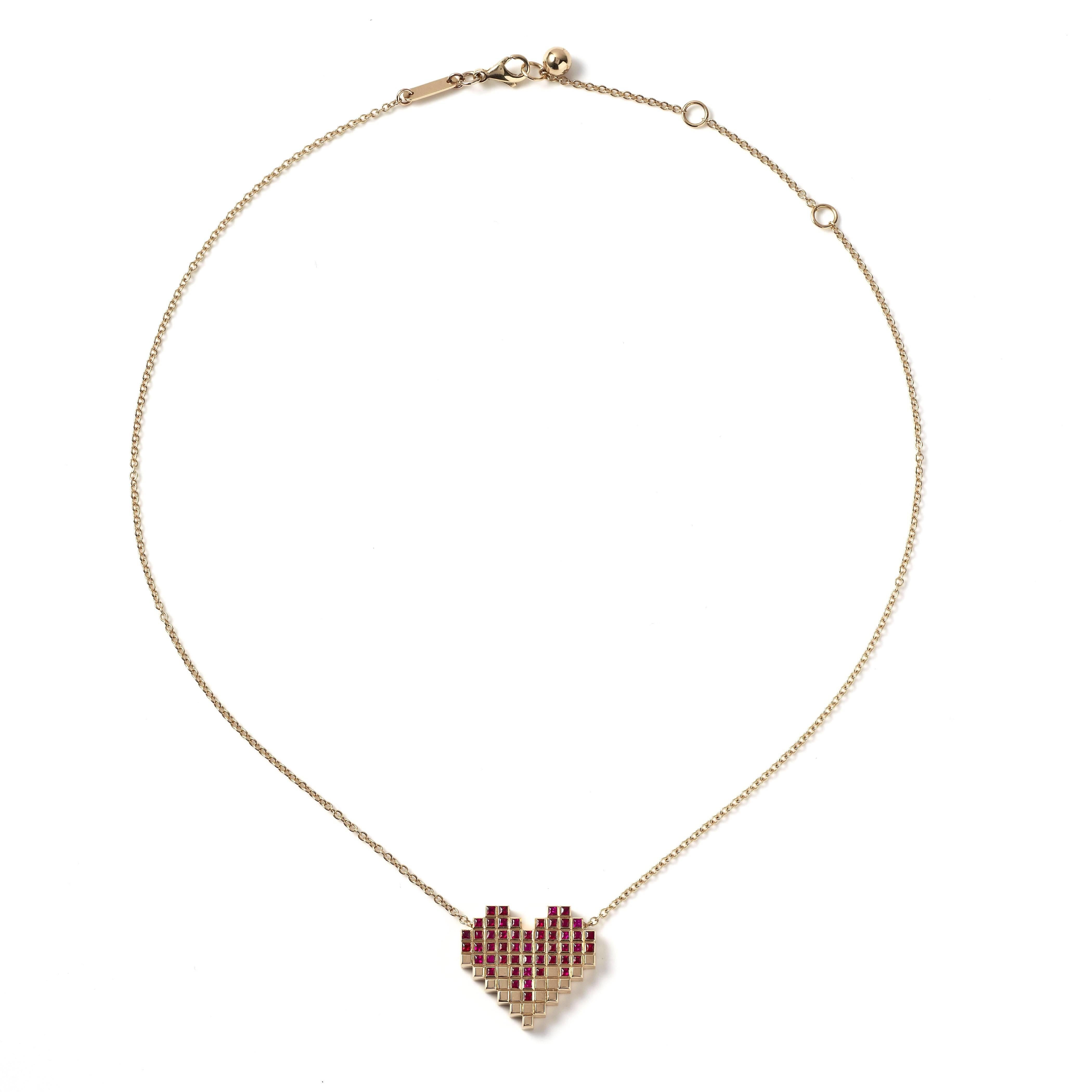 Yellow Gold and Ruby Pixel Heart Necklace by Francesca Grima 

18ct. Yellow Gold set with 51 Rubies on Yellow Gold Chain.

・Polished 18ct. Yellow Gold
・51 Princess-cut Rubies (1.02cts)
・Pendant length: 2cm
・Pendant width; 2.1cm
・Chain can be worn in