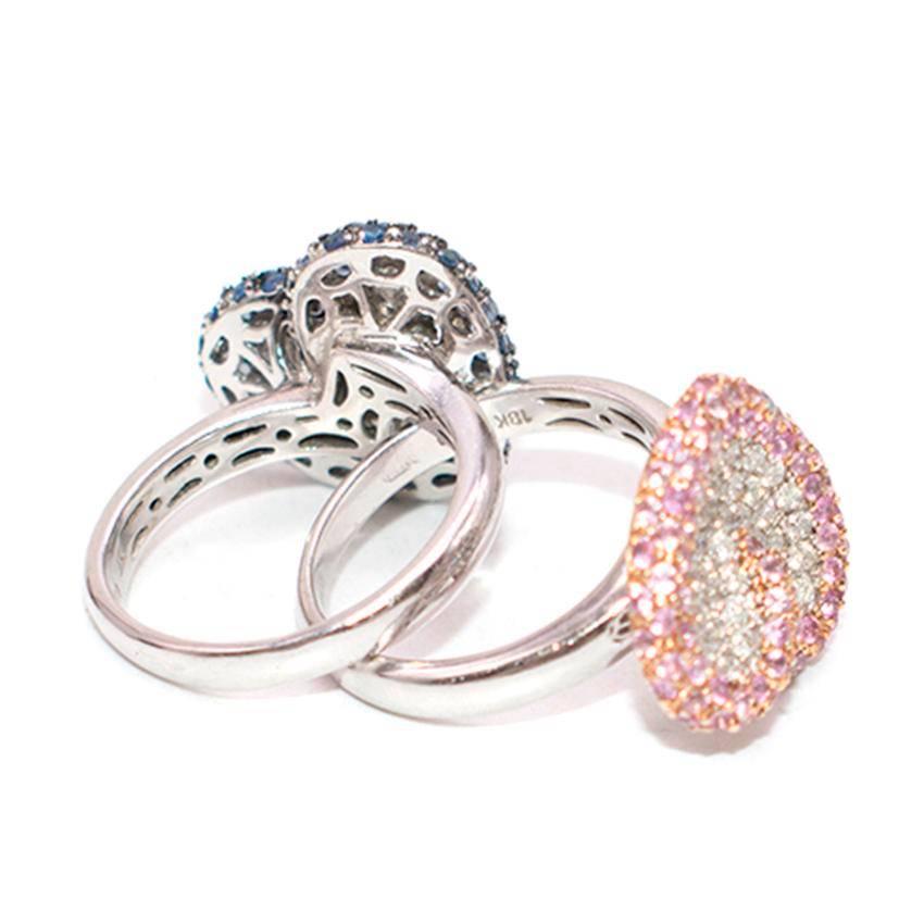 Bespoke Pink and Blue Pave Set Diamond 18 Karat White Gold Ring Set For Sale 4