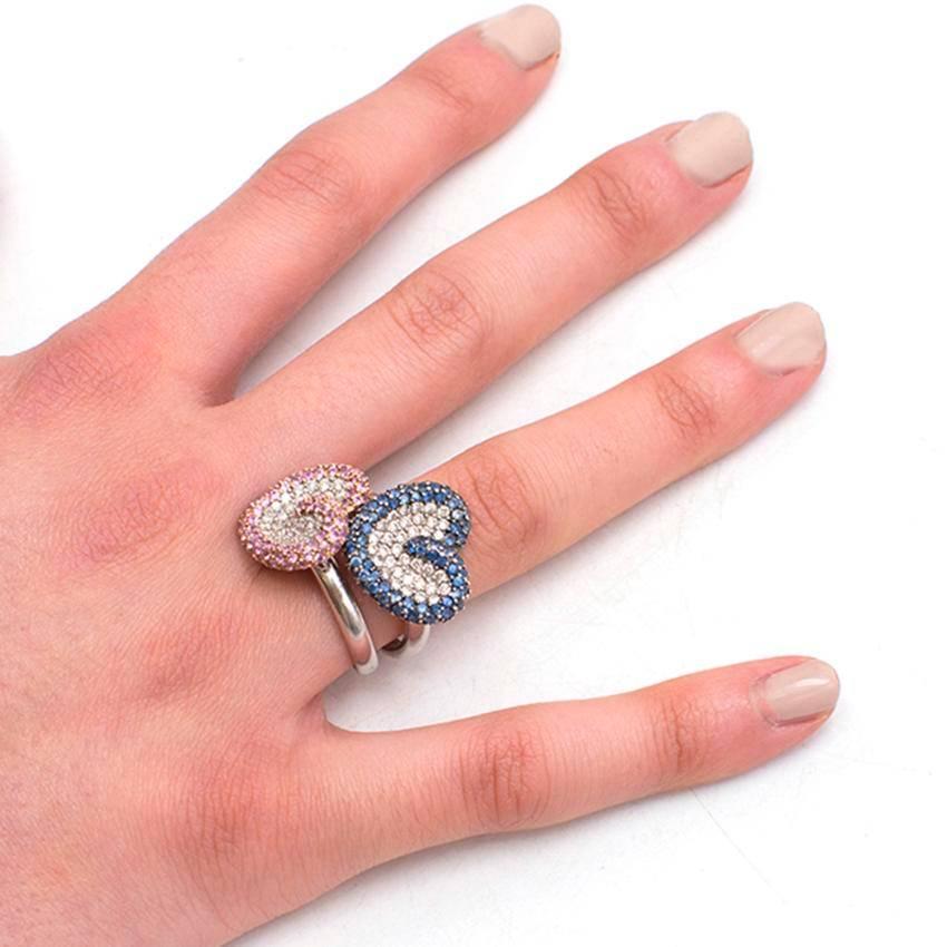 Bespoke Pink and Blue Pave Set Diamond 18 Karat White Gold Ring Set For Sale 6