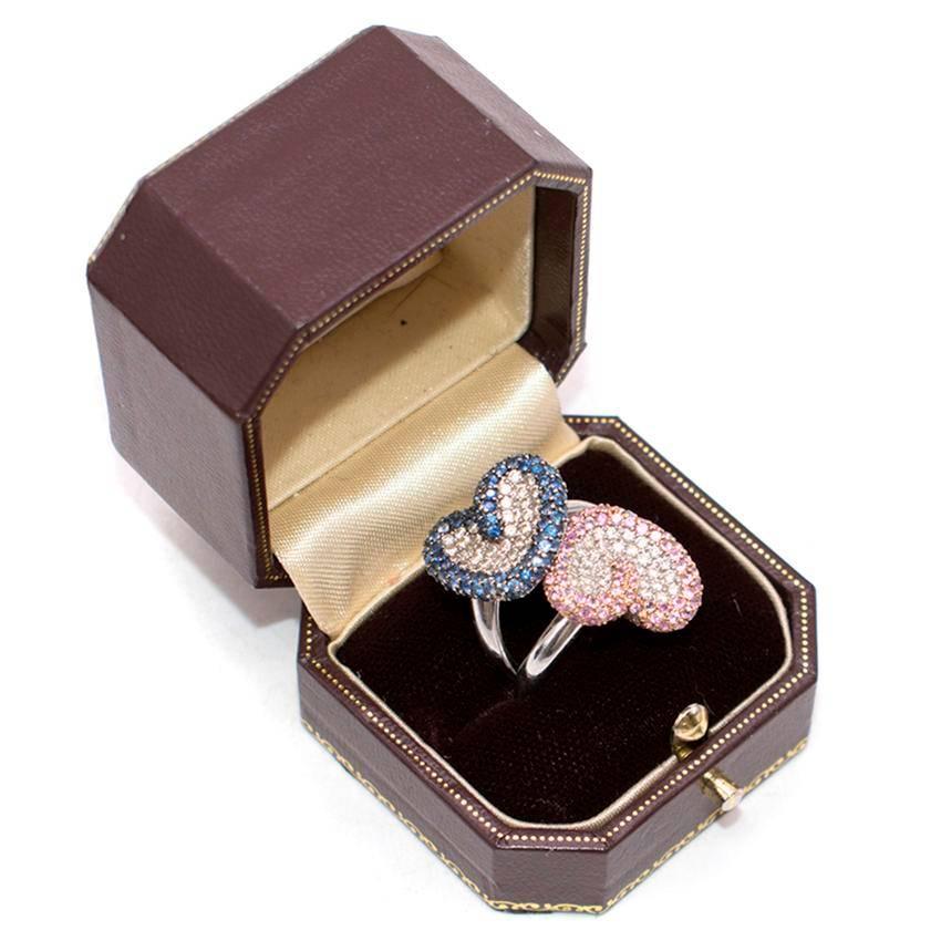Bespoke Pink and Blue Pave Set Diamond 18 Karat White Gold Ring Set For Sale 5
