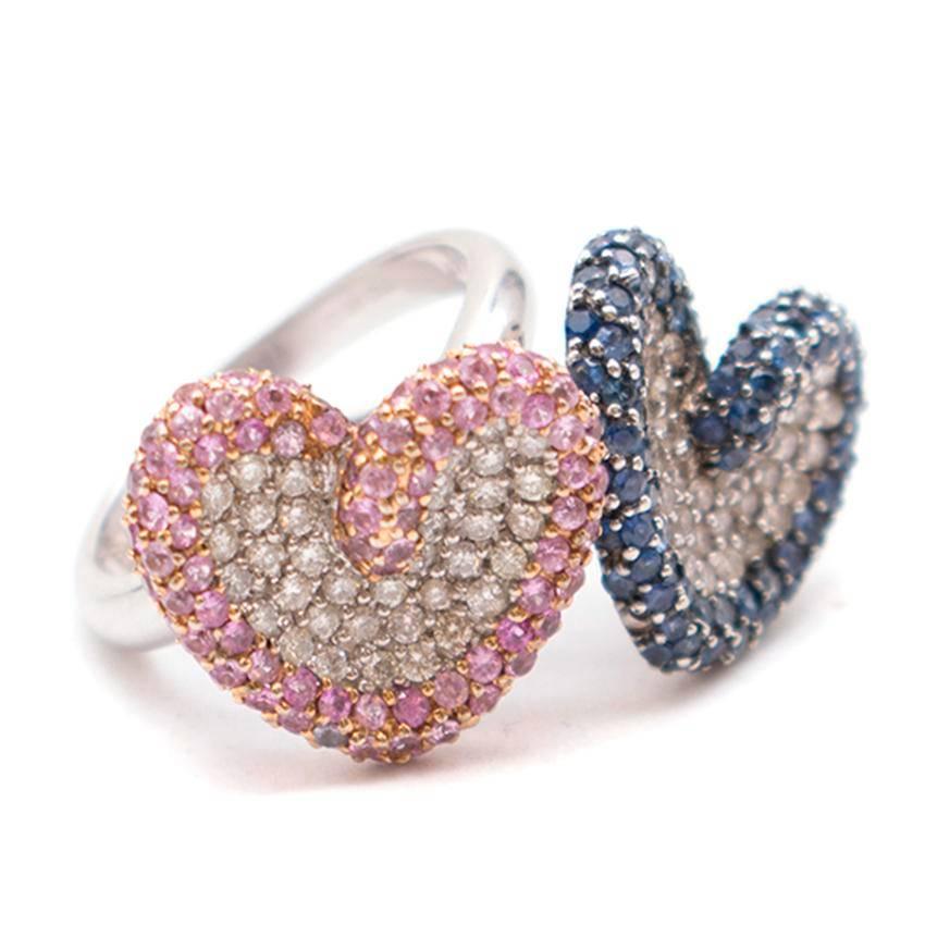 Bespoke Pink and Blue Pave Set Diamond 18 Karat White Gold Ring Set For Sale 1