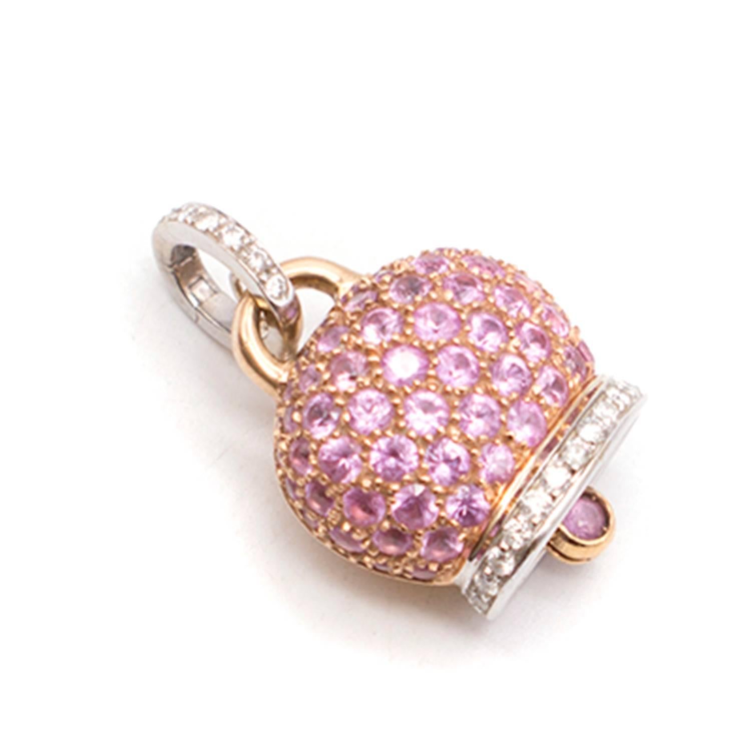 Chantecler Campanelle rose gold Sapphire medium bell charm. 18k rose and white gold pink sapphire medium bell charm featuring a pave diamond top and bottom. Total diamond weight 0.23cts. 

Accompanied by Chantecler box. 

Condition: 9.5/10

Please